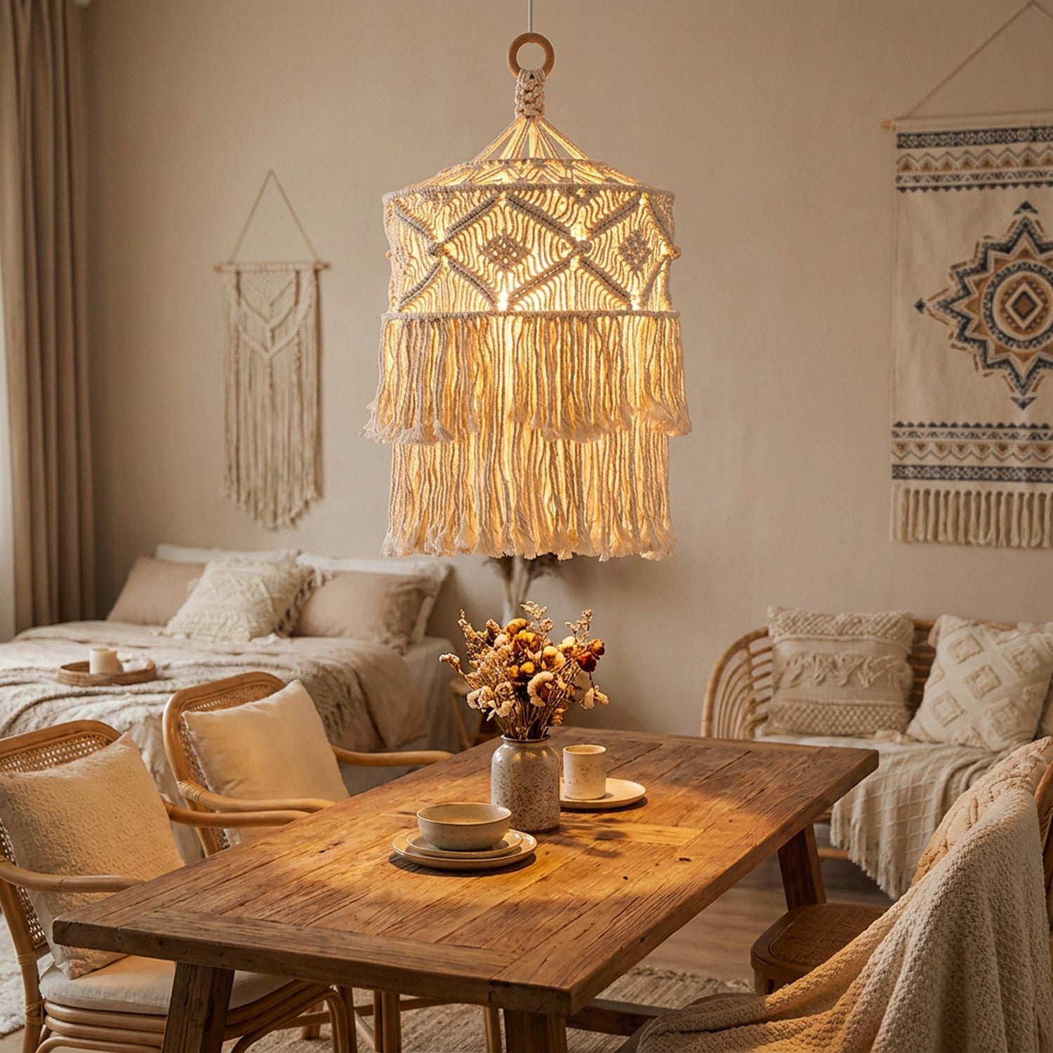 Abat-jour macramé bohème suspendu au plafond, lumière dorée, intérieur boho chic