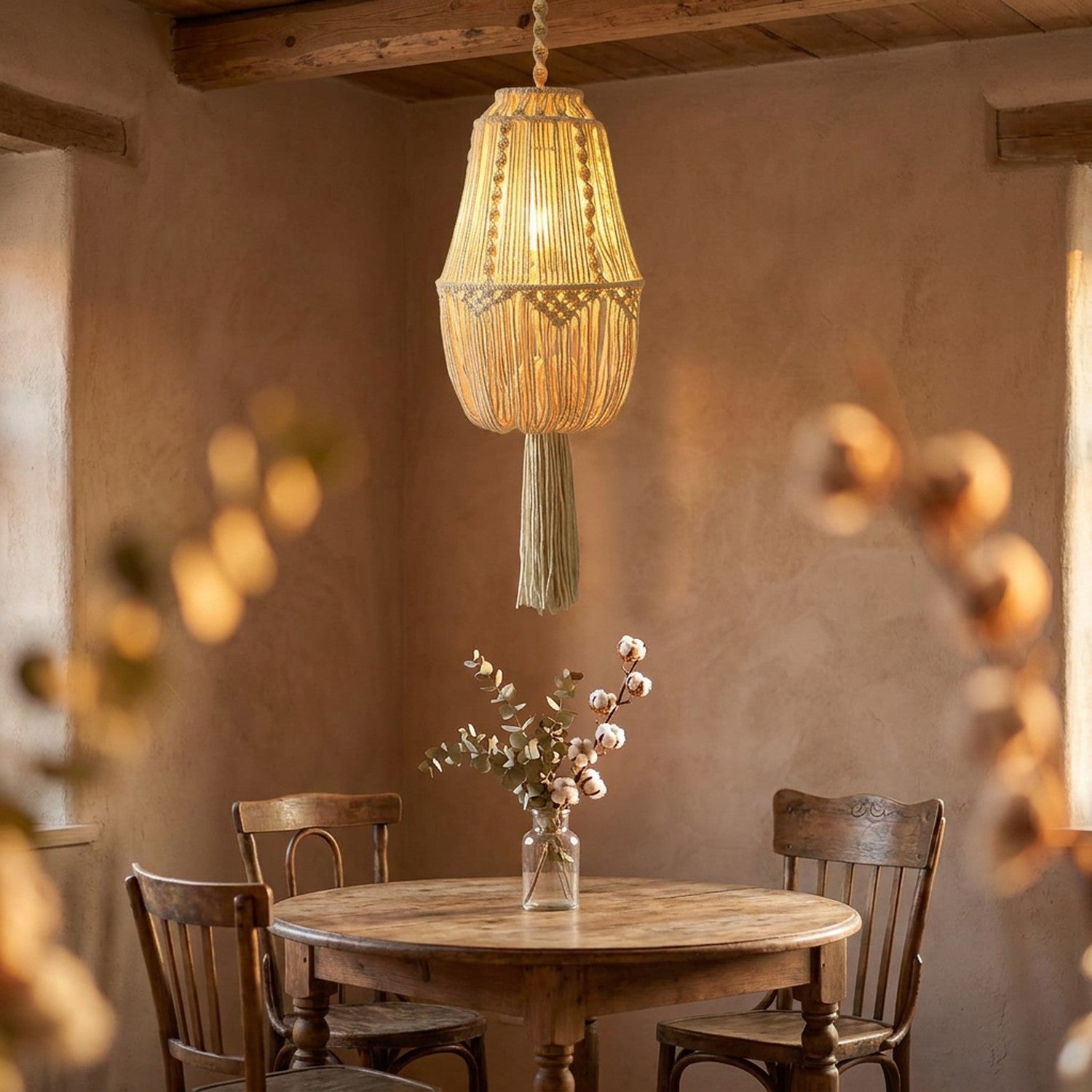 Abat-jour macramé bohème au-dessus d'une table en bois dans une salle à manger rustique