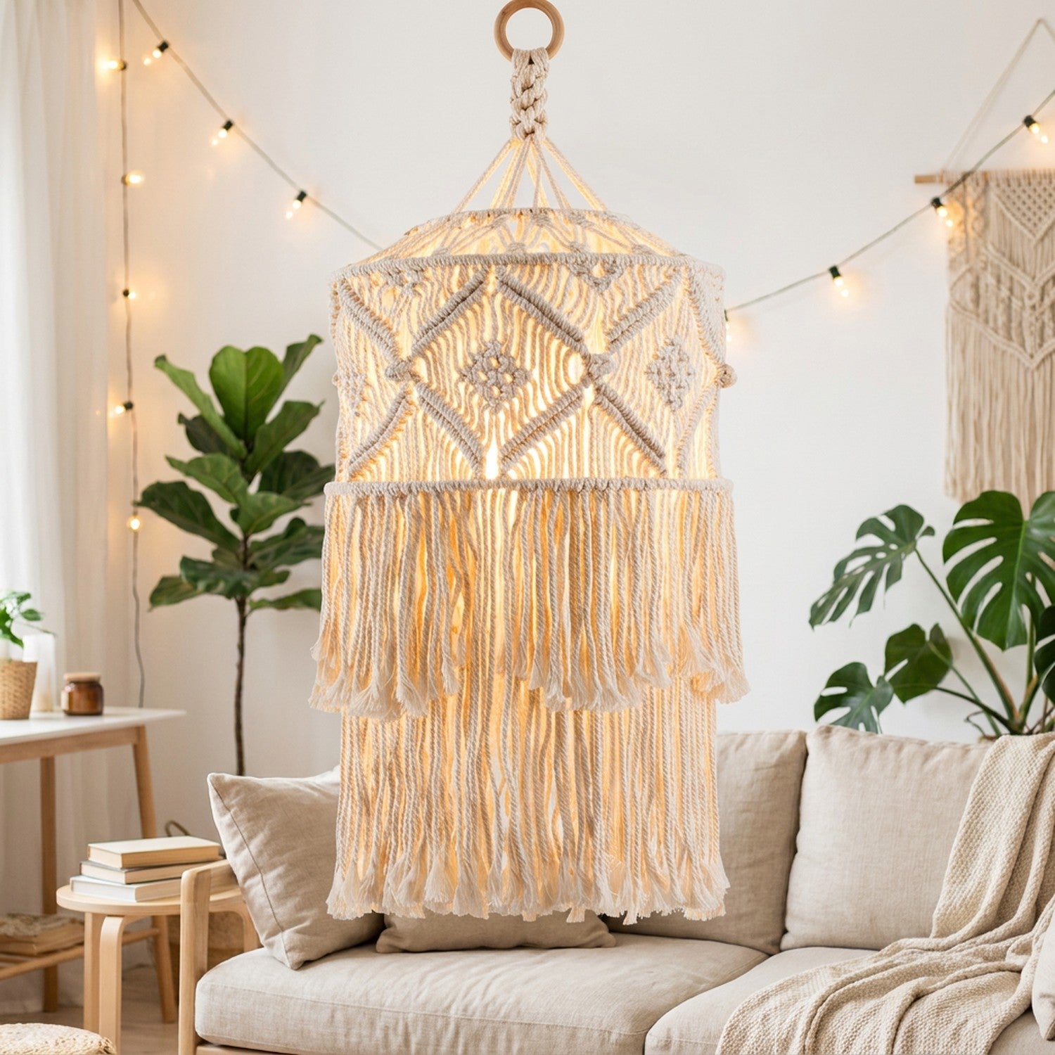 Abat-jour macramé bohème tricoté main, suspension de plafond allumé ambiance bohème