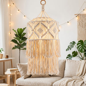 Abat-jour macramé bohème tricoté main, suspension de plafond allumé ambiance bohème
