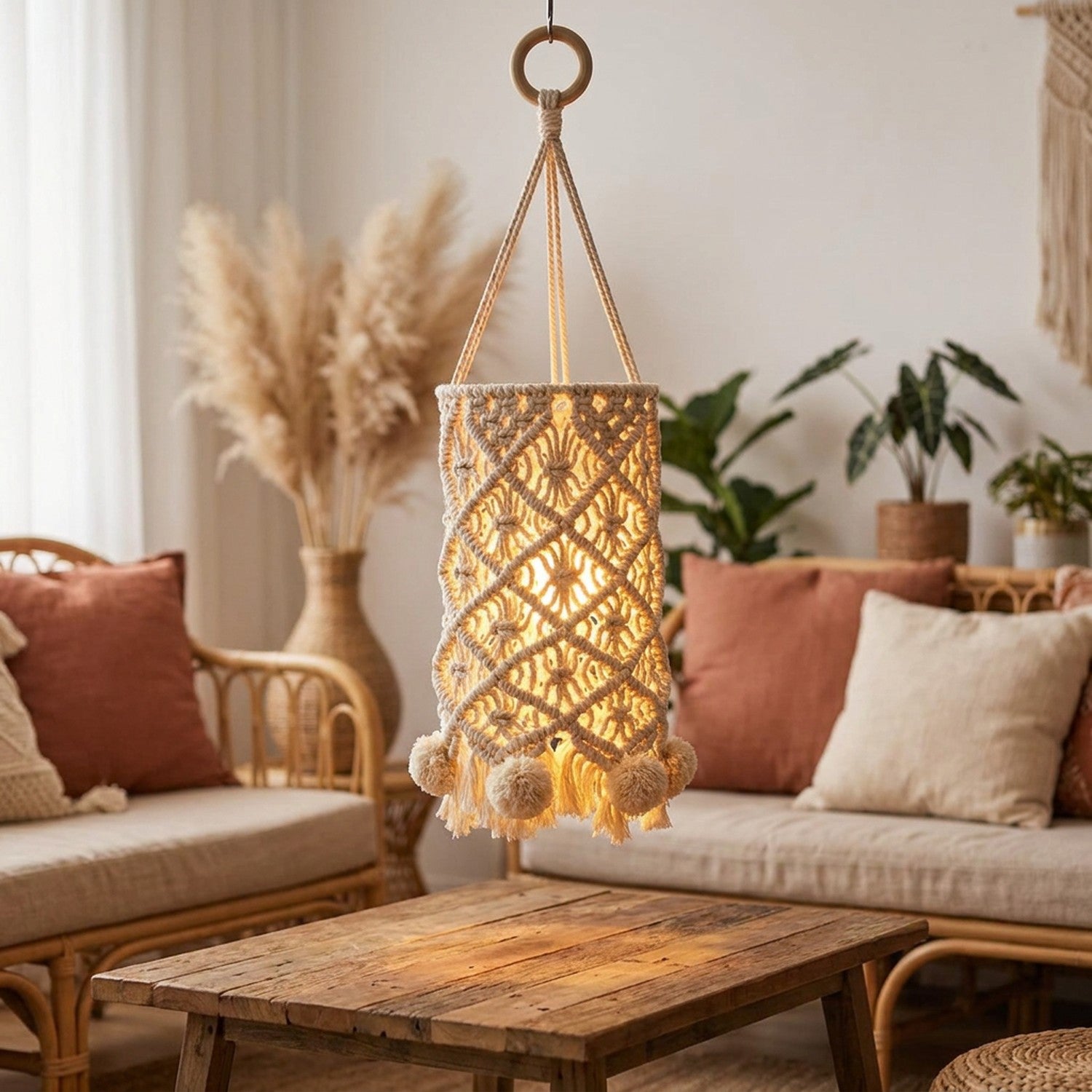 Abat-jour en macramé beige à pompons suspendu dans un salon bohème lumineux