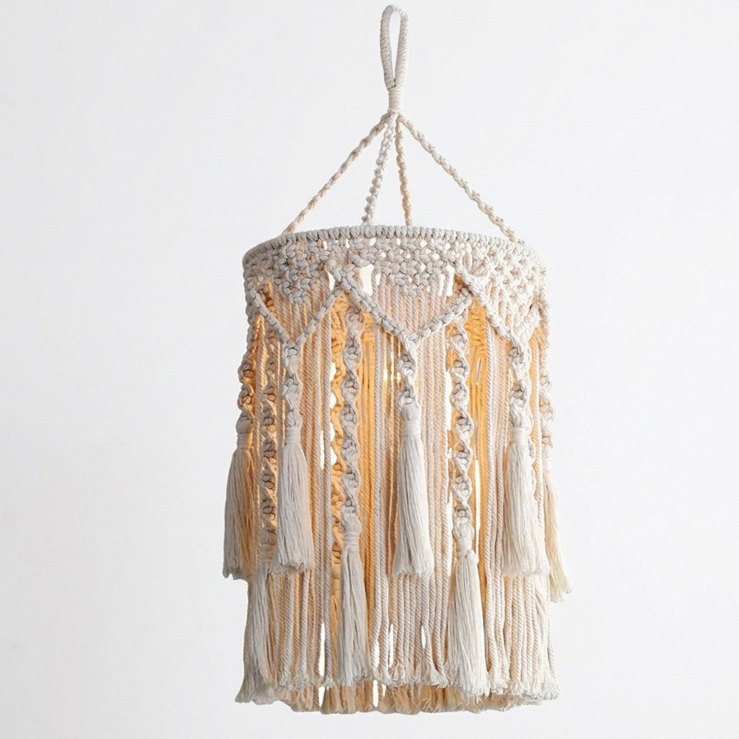 Abat-jour macramé Modèle B, cylindre à franges tricoté main, fond blanc