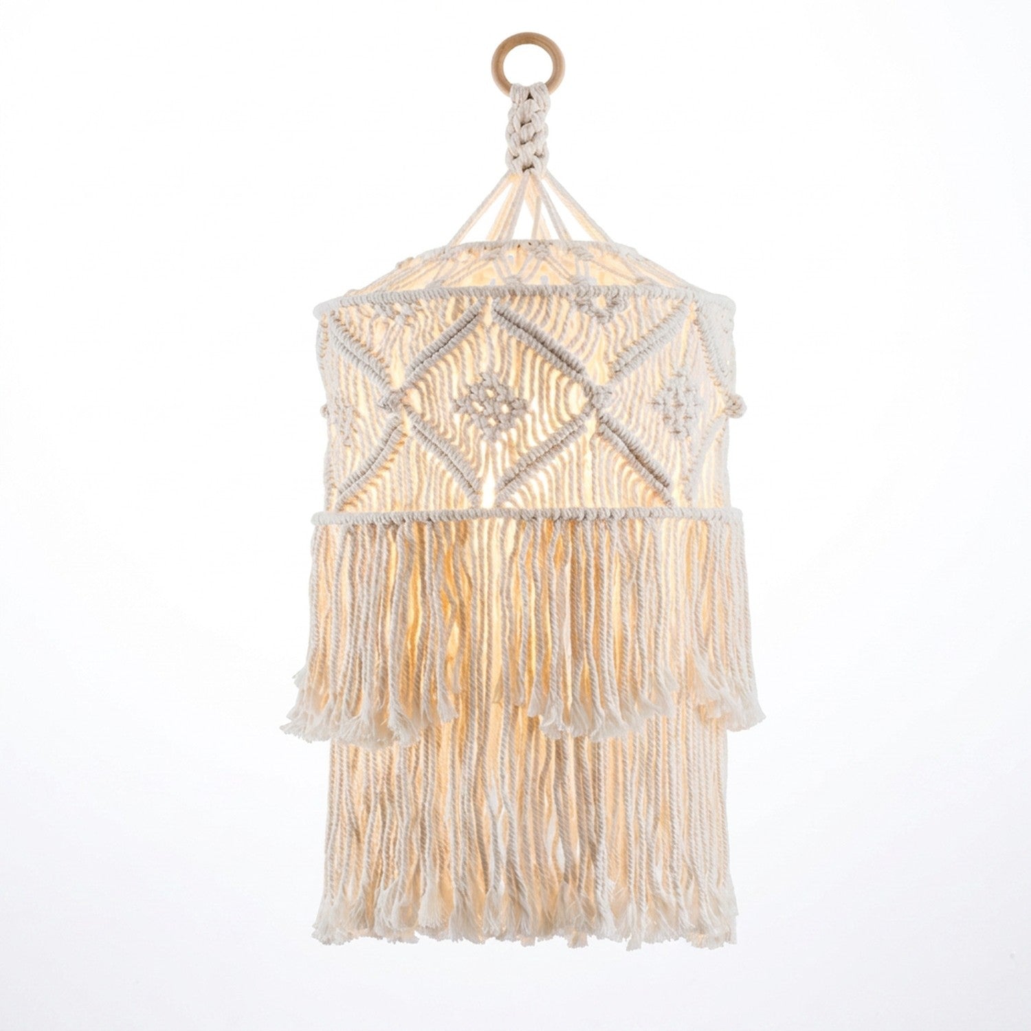 Abat-jour macramé Modèle C, motif diamant tricoté main, fond blanc