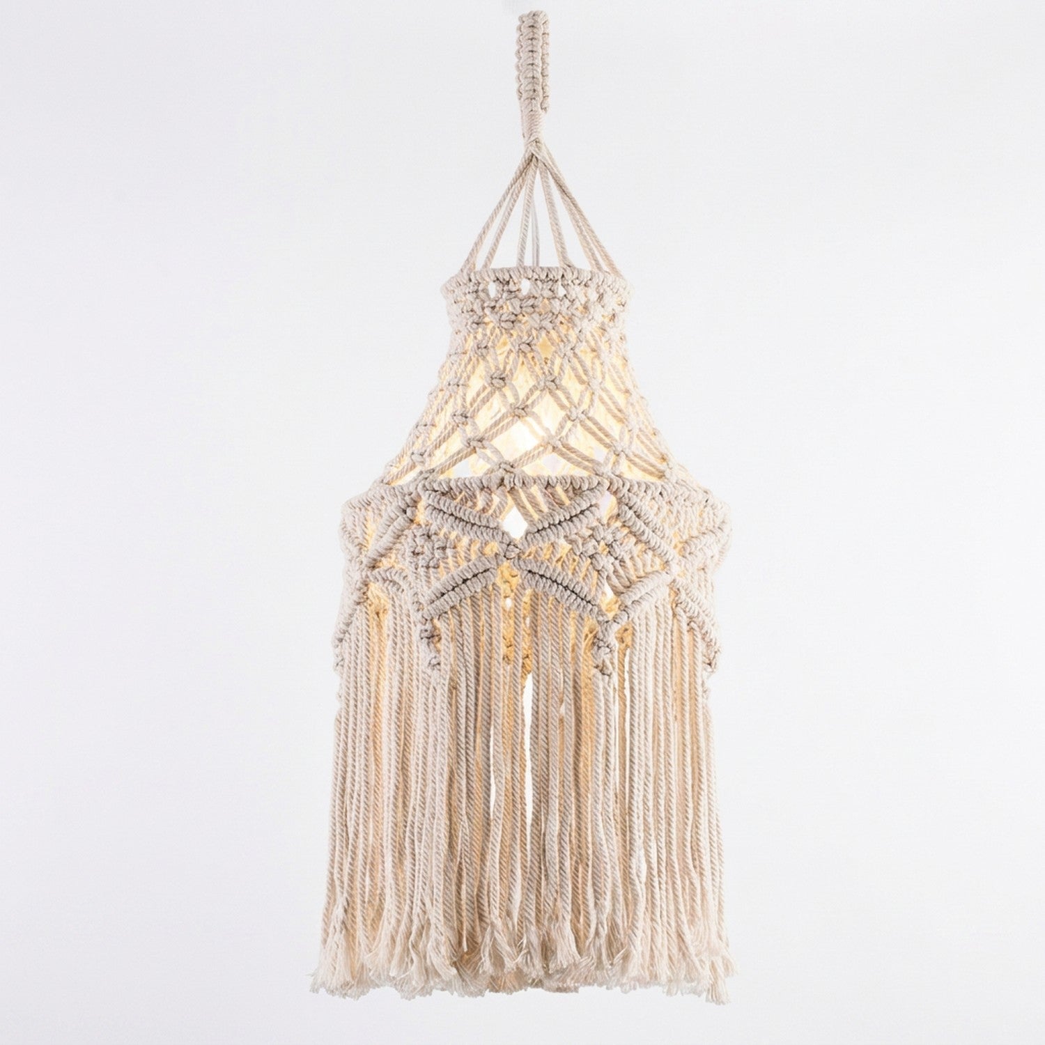 Abat-jour macramé Modèle D, grandes franges tricoté main, fond blanc