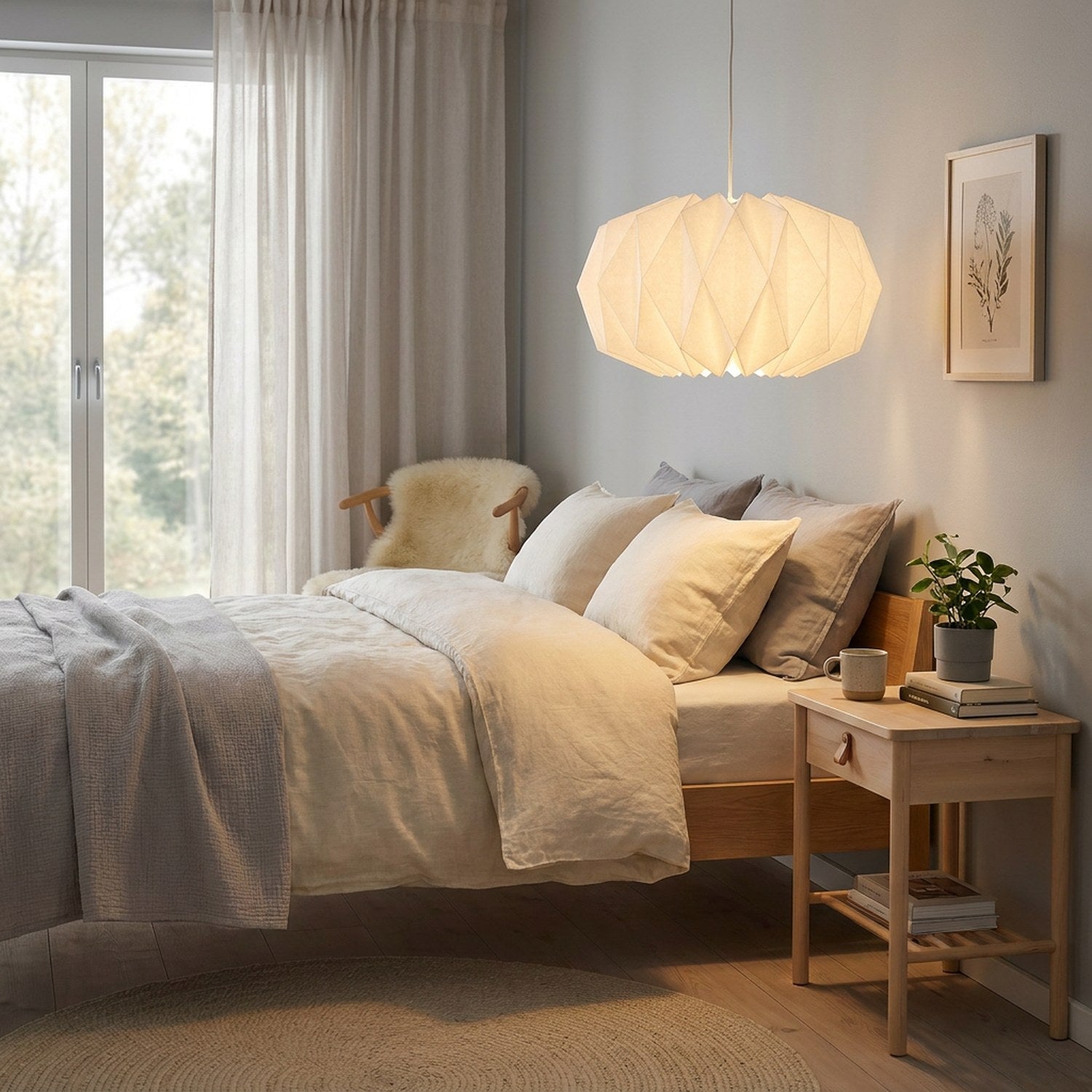 Abat-jour origami blanc dans une chambre cosy nordique