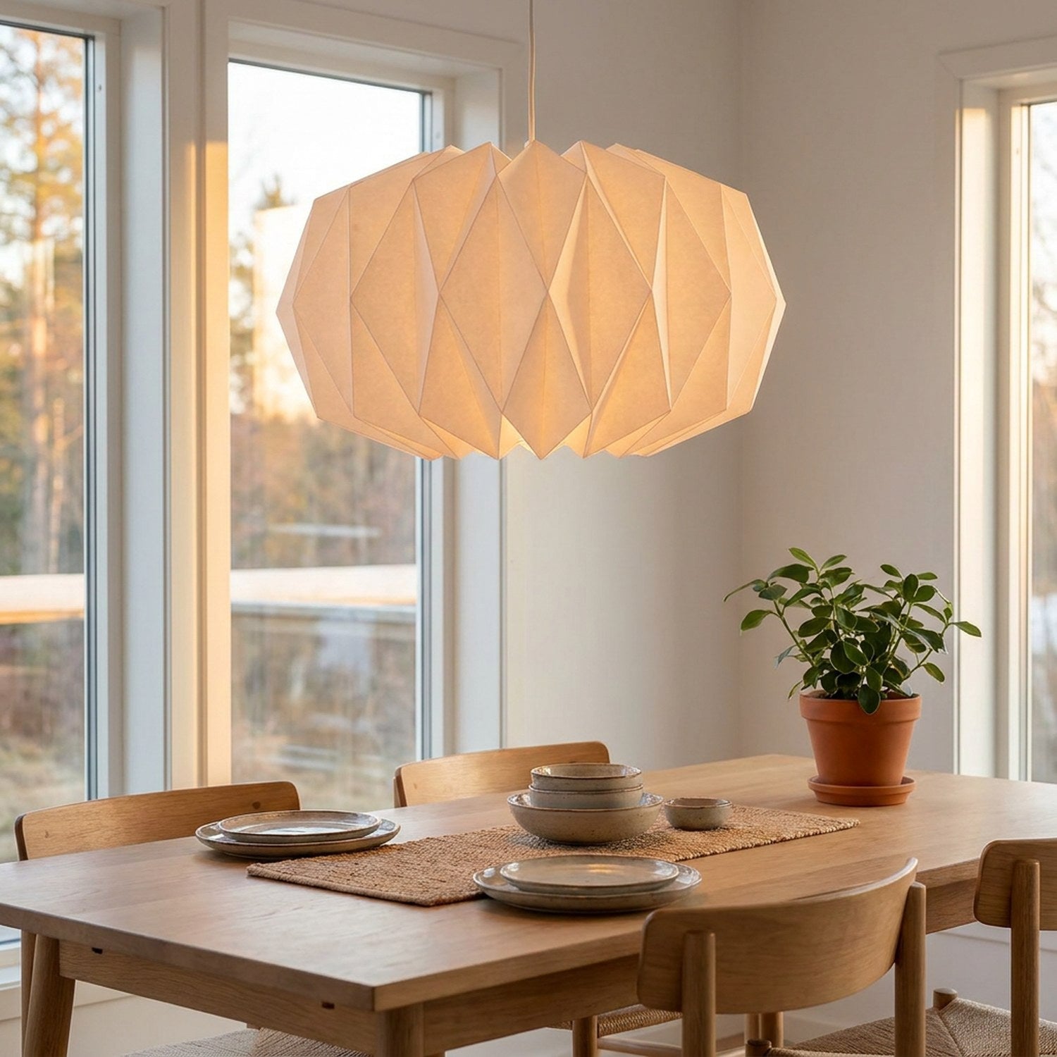 Abat-jour origami papier au-dessus d'une table à manger scandinave