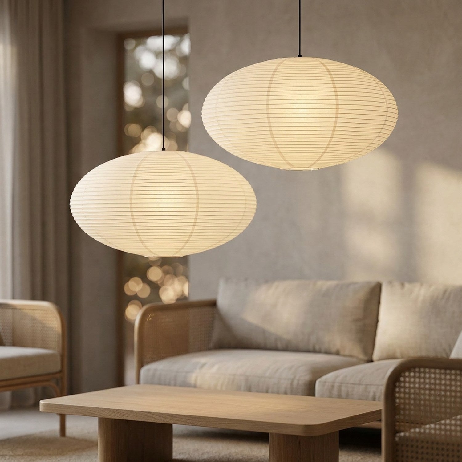 Lot de 2 abat-jours ovales en papier blanc suspendus dans un salon Japandi lumineux