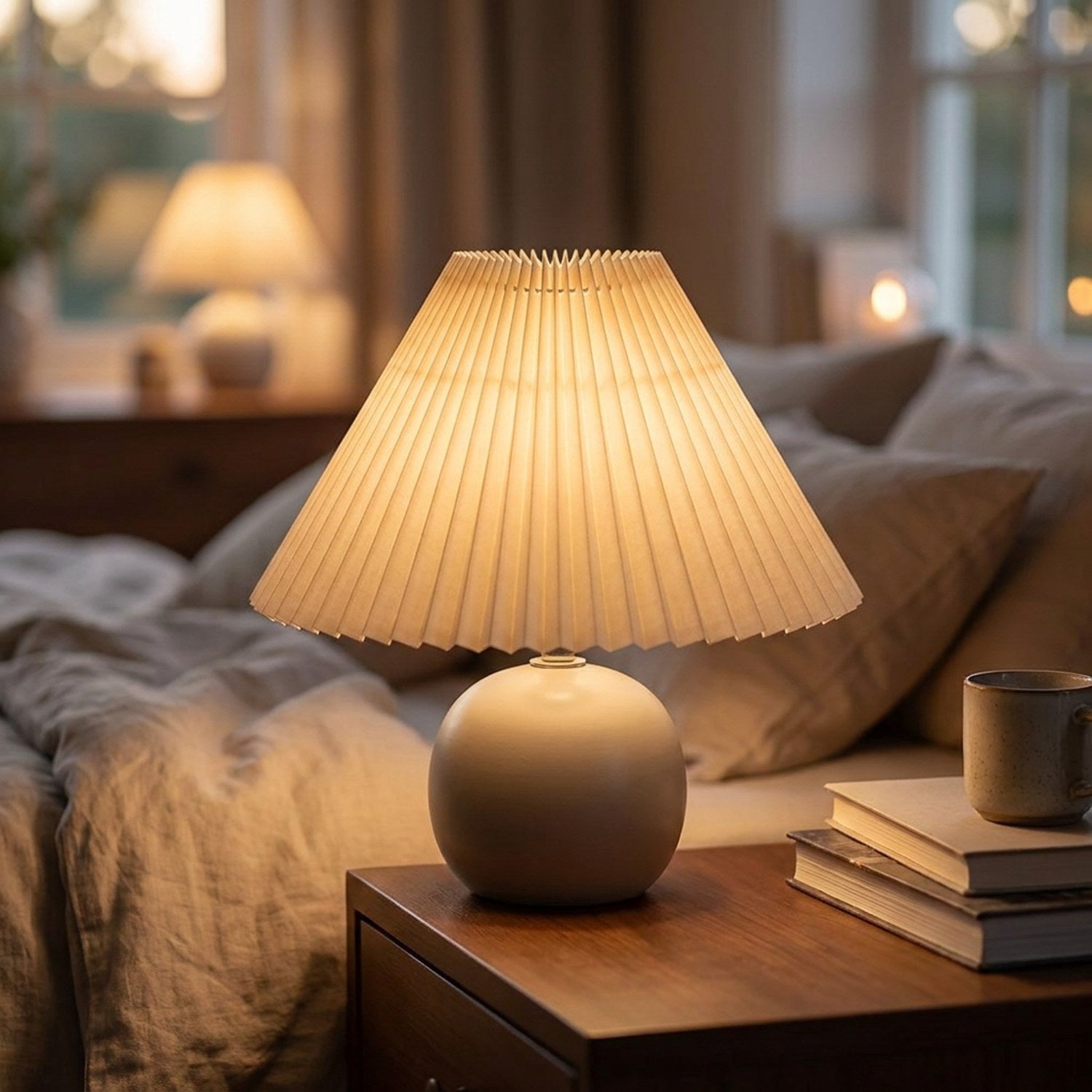 Abat-jour plissé beige sur une lampe de chevet dans une chambre cosy