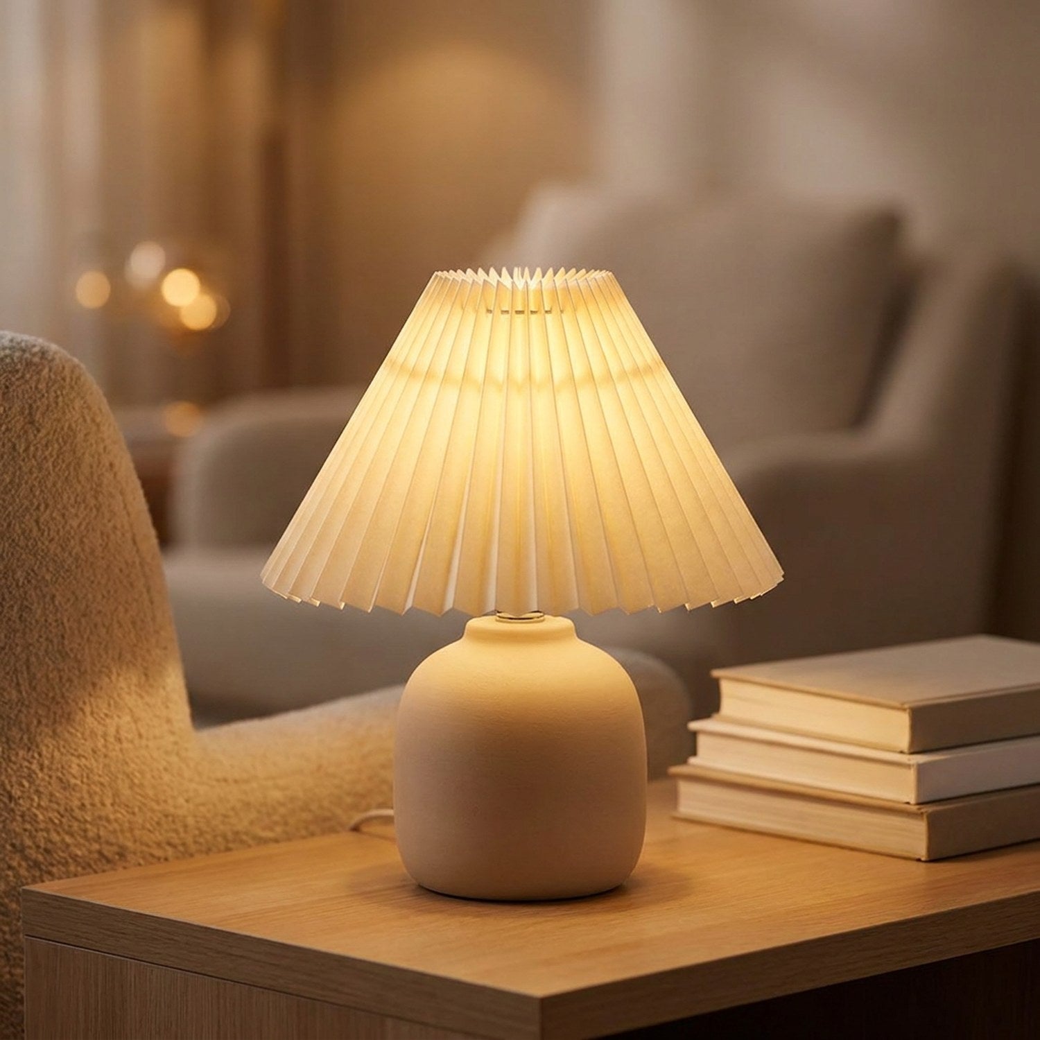 Abat-jour plissé beige sur une lampe dans un coin lecture chaleureux