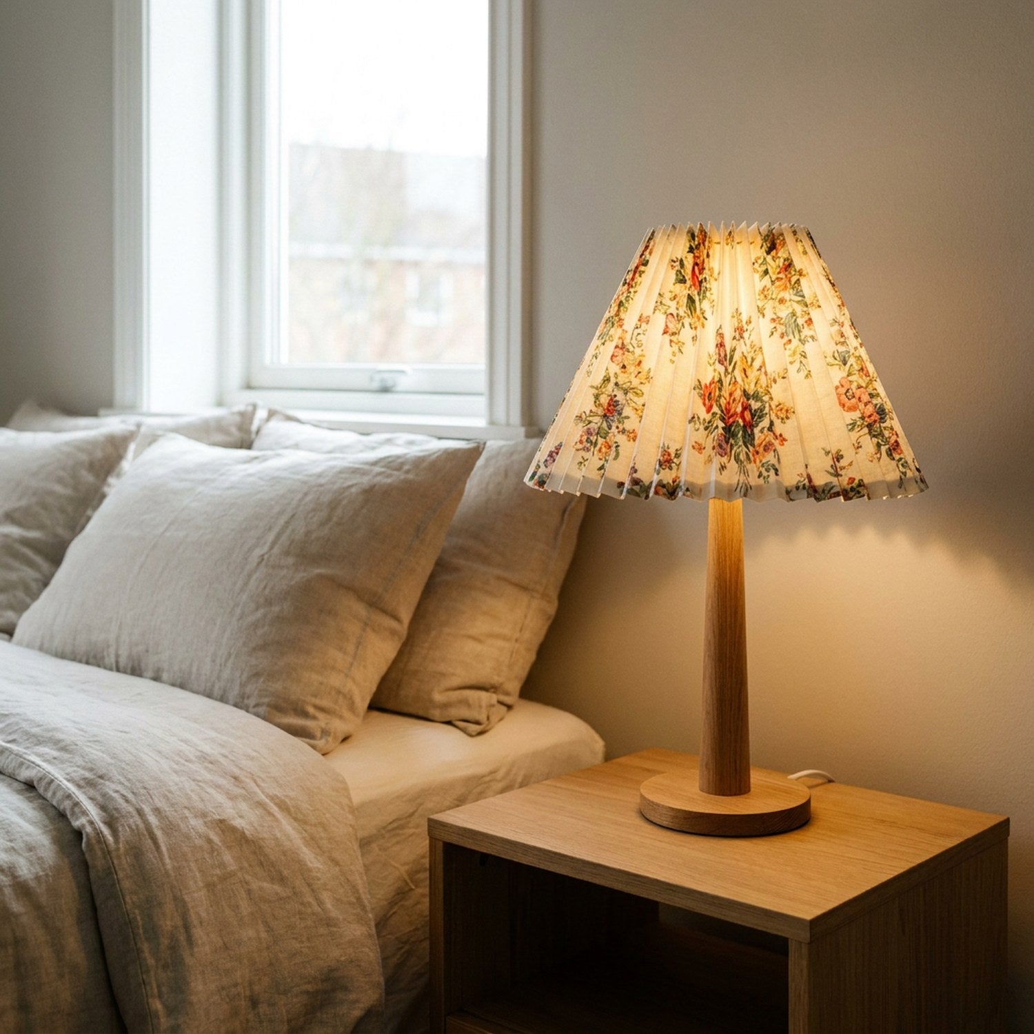 Abat-jour plissé tissu floral rétro sur lampe de chevet allumée en chambre