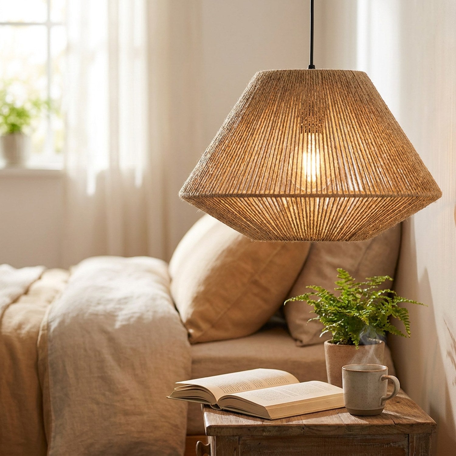 Abat-jour rotin naturel dans une chambre cosy - ambiance lecture