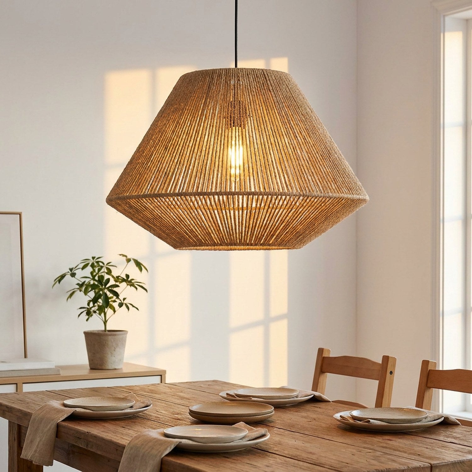 Abat-jour rotin tressé au-dessus d'une table à manger scandinave