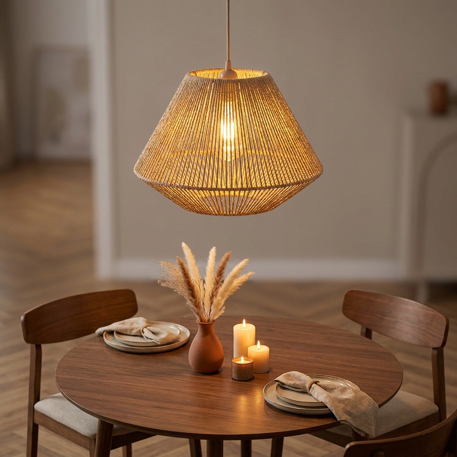 Abat-jour en corde de papier suspendu au-dessus d'une table ronde en bois dans une salle à manger chaleureuse