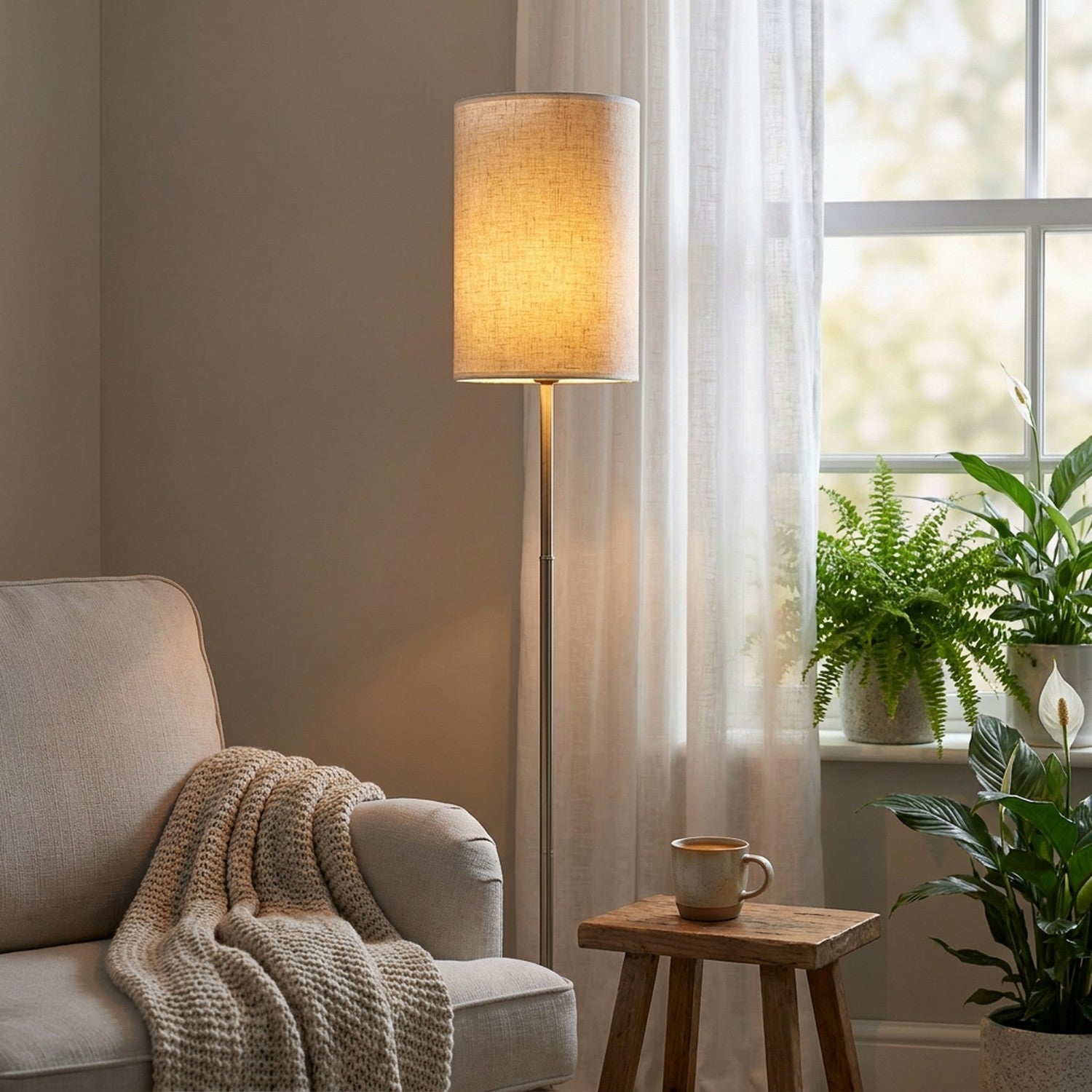 Abat-jour tambour en lin vintage sur lampadaire dans un coin lecture cosy