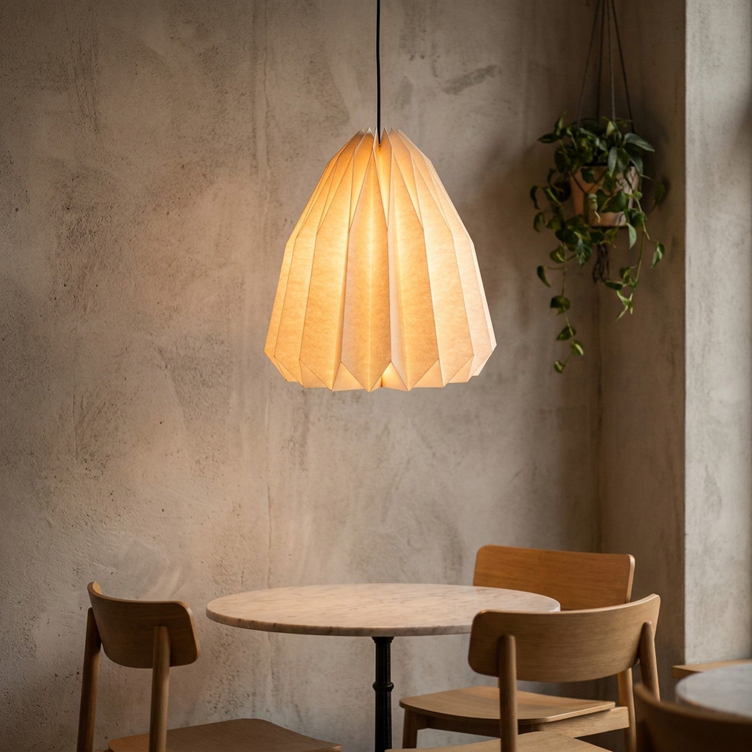 Abat-jour origami Plissée au-dessus d'une table ronde en bistrot contemporain