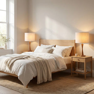 Deux abat-jours tambour blancs sur lampes scandinaves