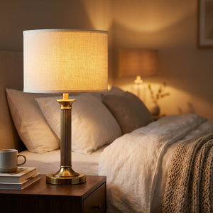 Lot de 2 abat-jours tambour en tissu blanc sur lampe de chevet
