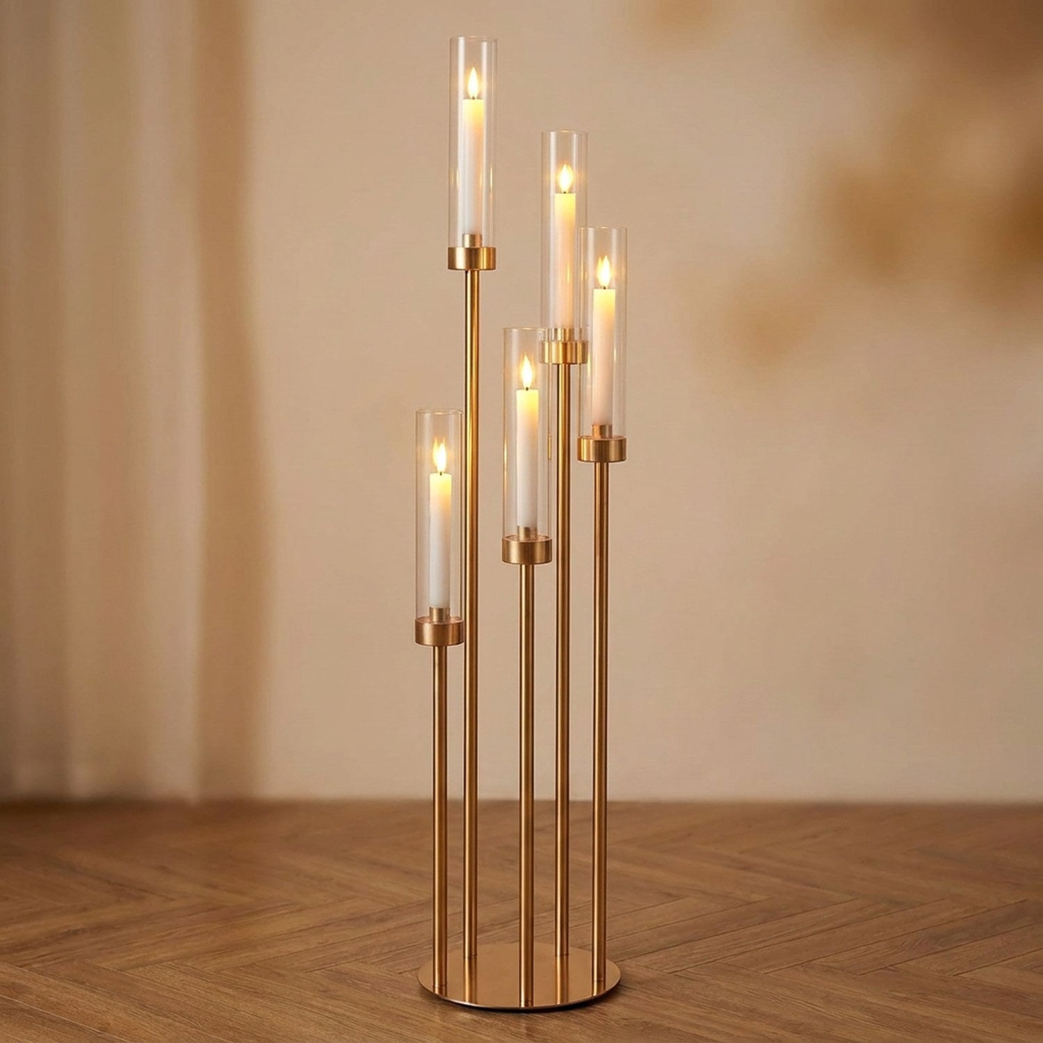 Candélabre doré 5 bras chandelier de sol 108cm - ambiance romantique avec bougies LED allumées