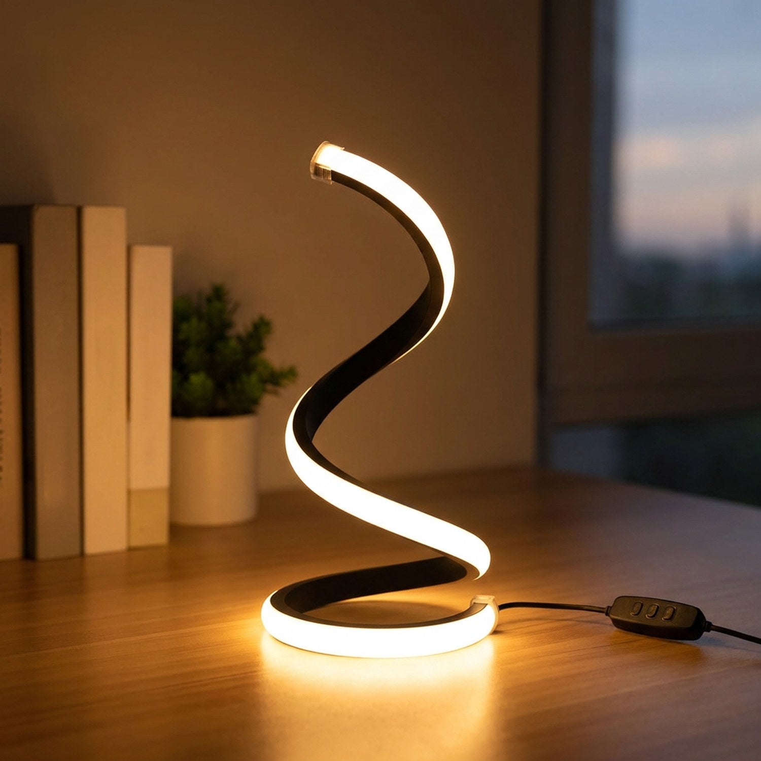 Lampe de bureau LED en spirale allumée en lumière chaude posée sur un bureau en bois
