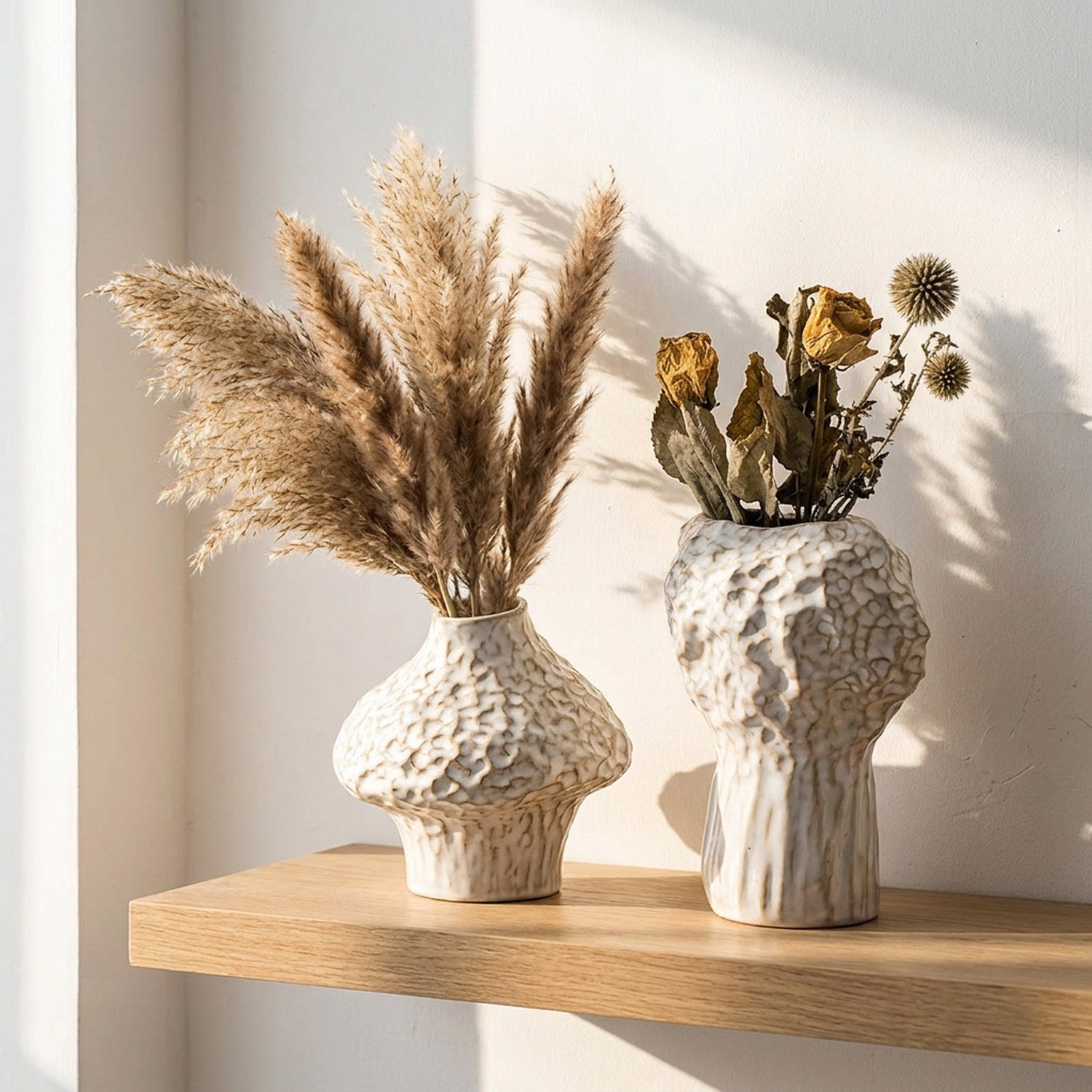 Vase céramique wabi sabi sur étagère en bois avec pampas et fleurs séchées