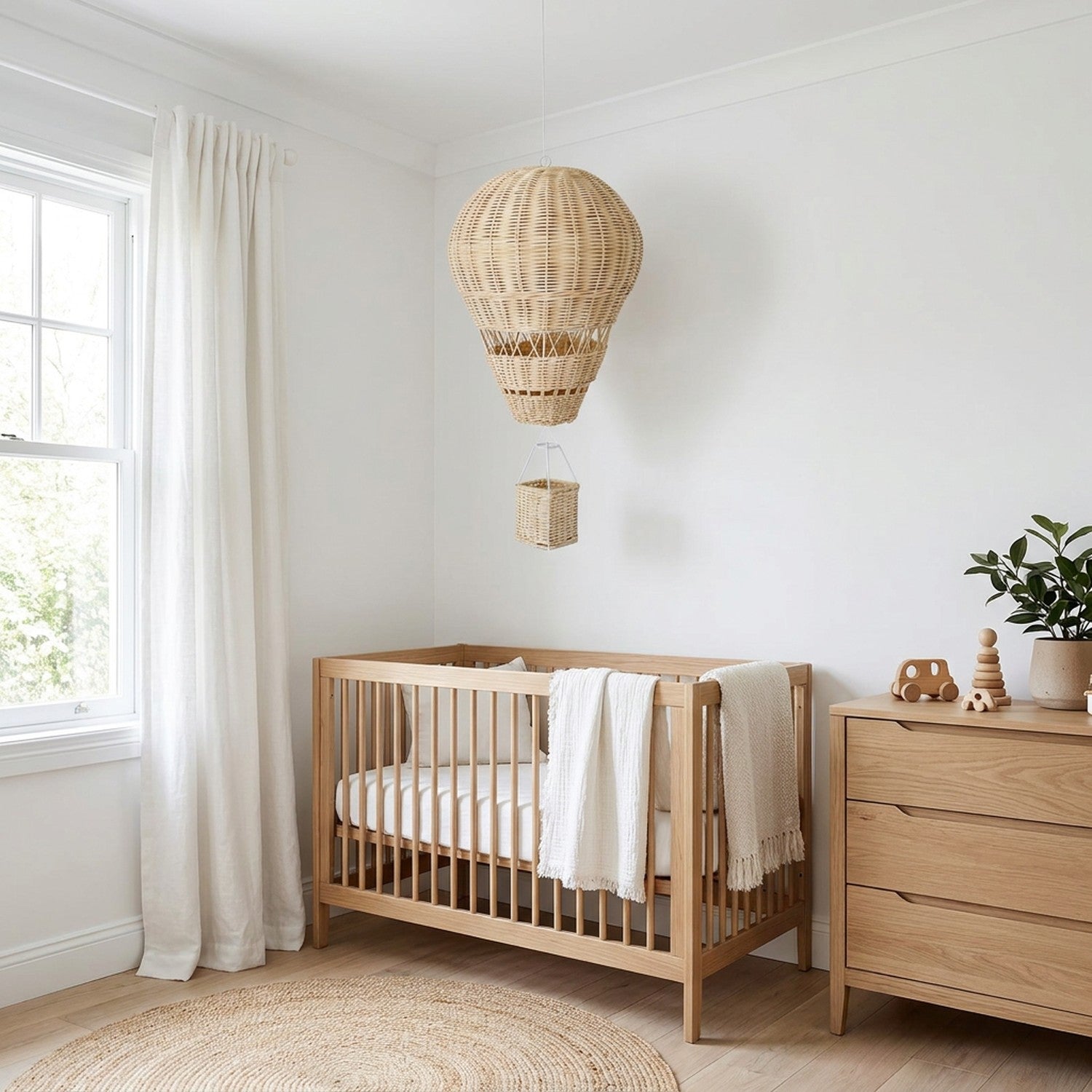 Ballon à air chaud en rotin naturel suspendu dans une nursery scandinave lumineuse