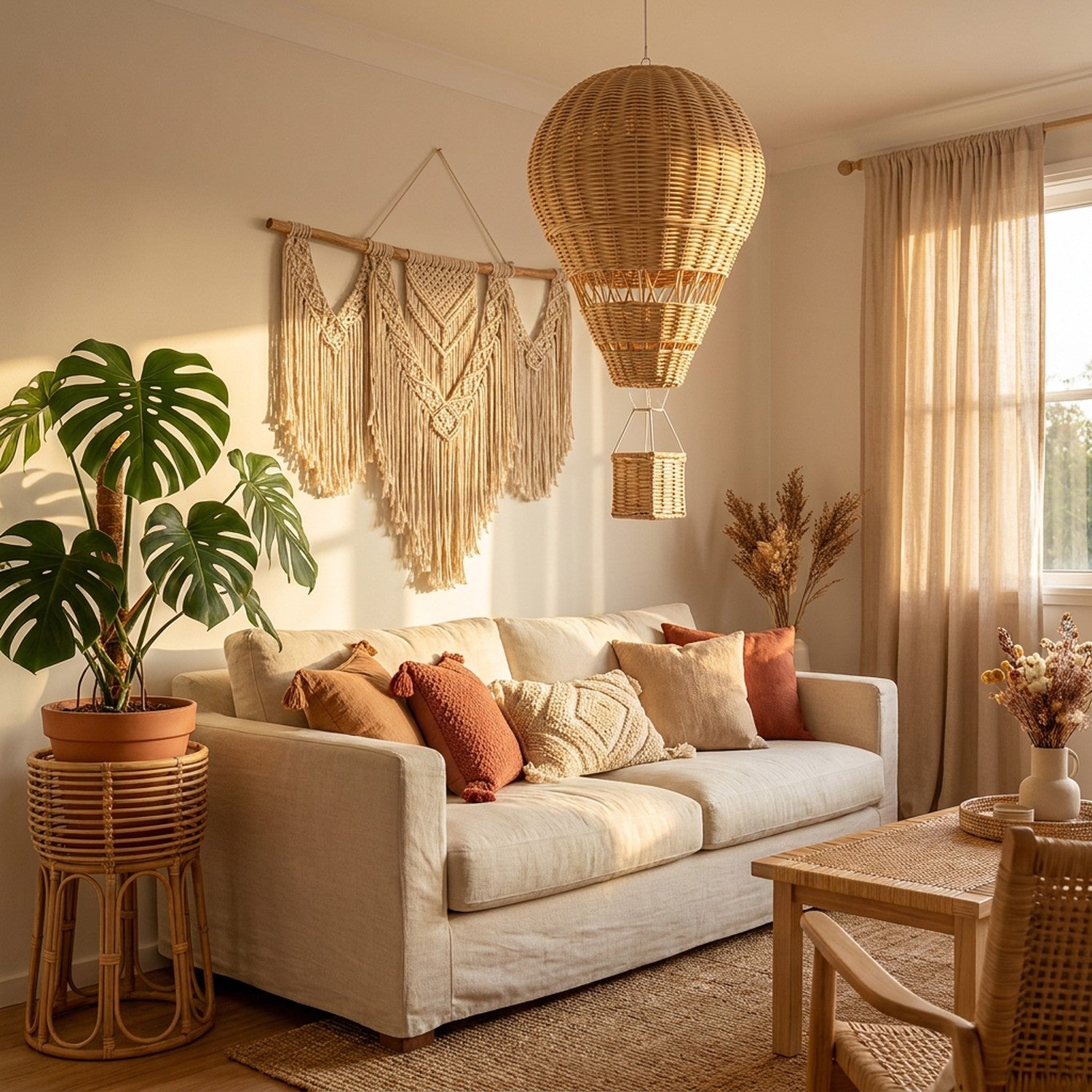 Ballon en rotin dans salon bohème avec plantes et macramé
