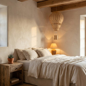 Ballon en rotin dans chambre adulte bohème cosy