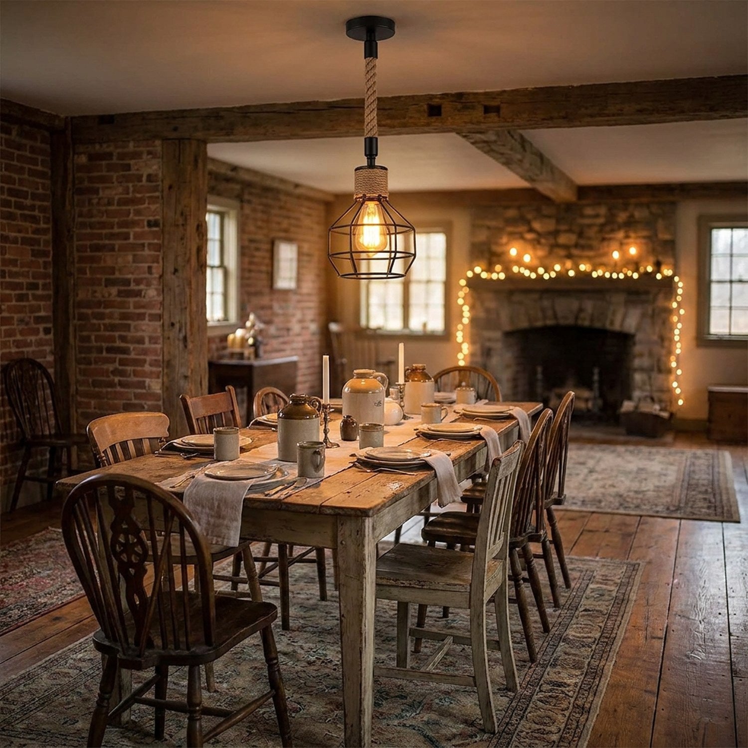 Suspension vintage au-dessus d'une table à manger en bois, lumière dorée