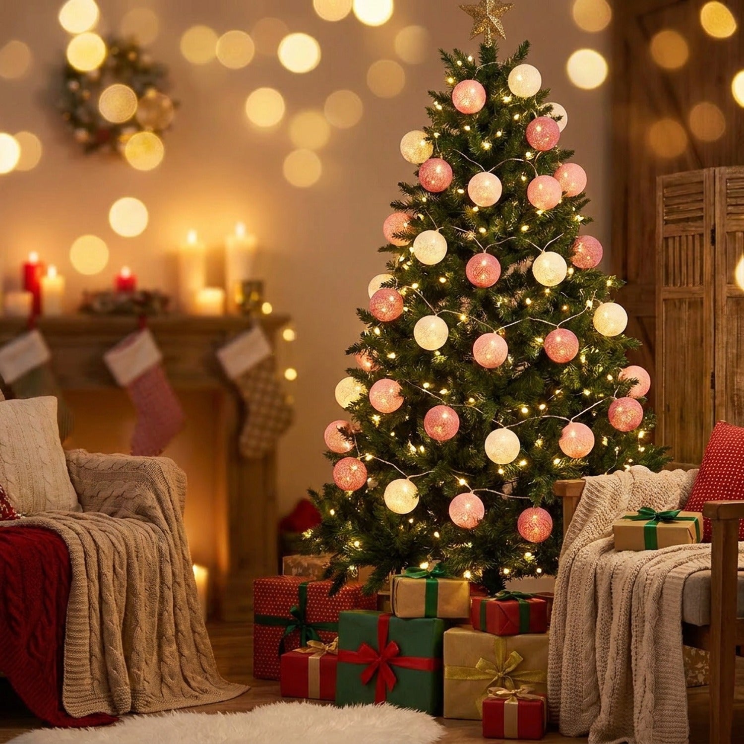 Guirlande boules de coton LED rose sur sapin de Noël ambiance cosy