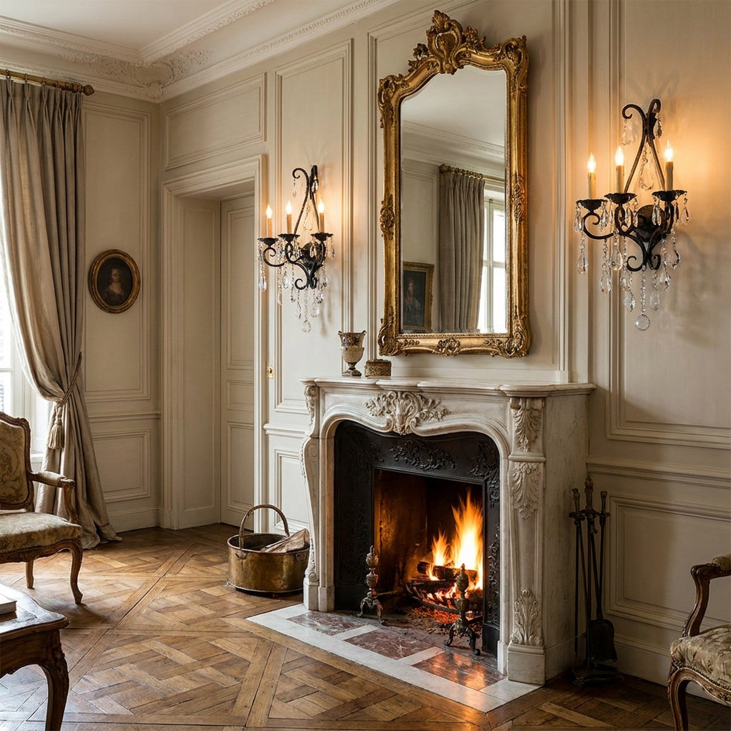Paire d'appliques murales encadrant une cheminée dans un salon classique français