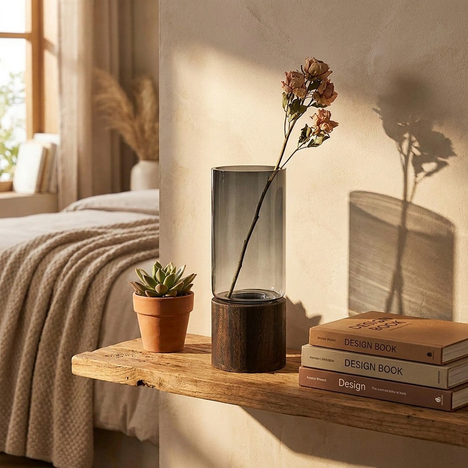 Vase en verre fumé sur étagère bois en chambre avec plante succulente et livres de design