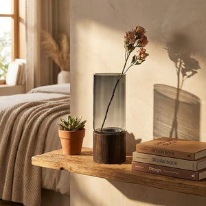 Vase en verre fumé sur étagère bois en chambre avec plante succulente et livres de design