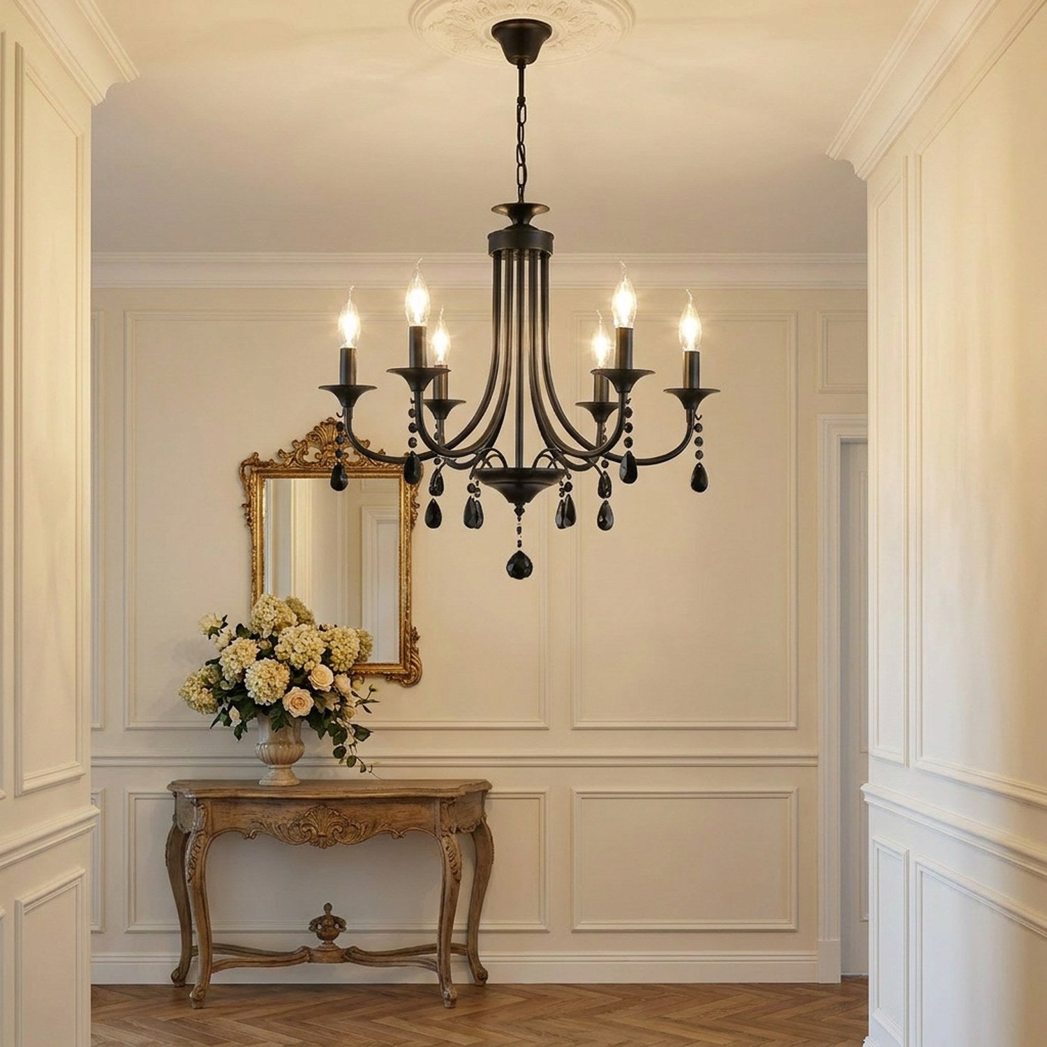 Lustre 6 bras en entrée avec miroir doré, style classique européen
