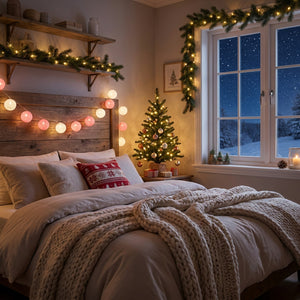 Guirlande LED boules de coton rose chambre tête de lit féerique