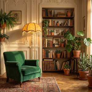 Abat-jour rétro doré sur lampadaire dans salon parisien bohème, fauteuil velours vert