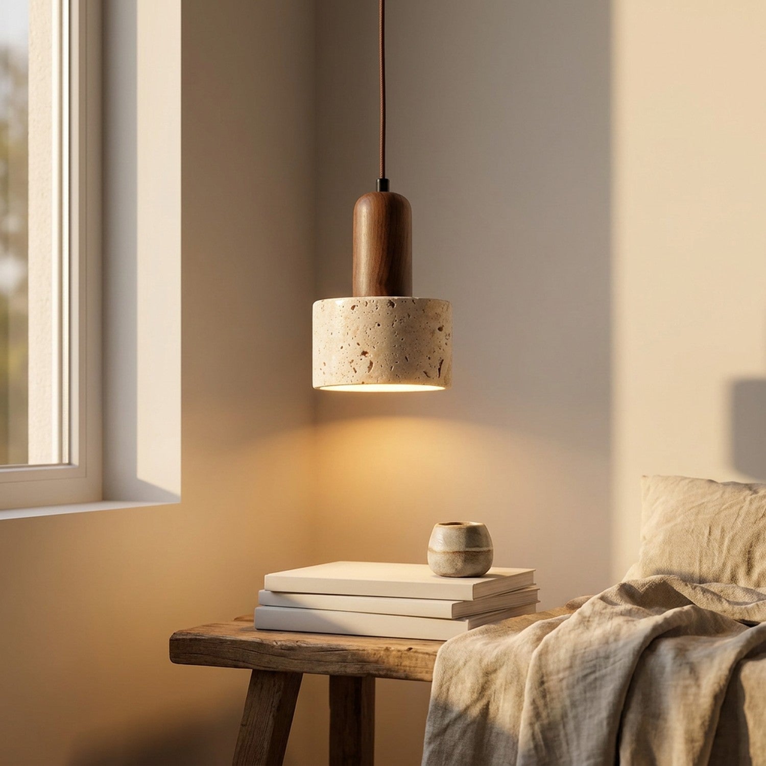 Suspension pierre naturelle bohème dans un salon minimaliste