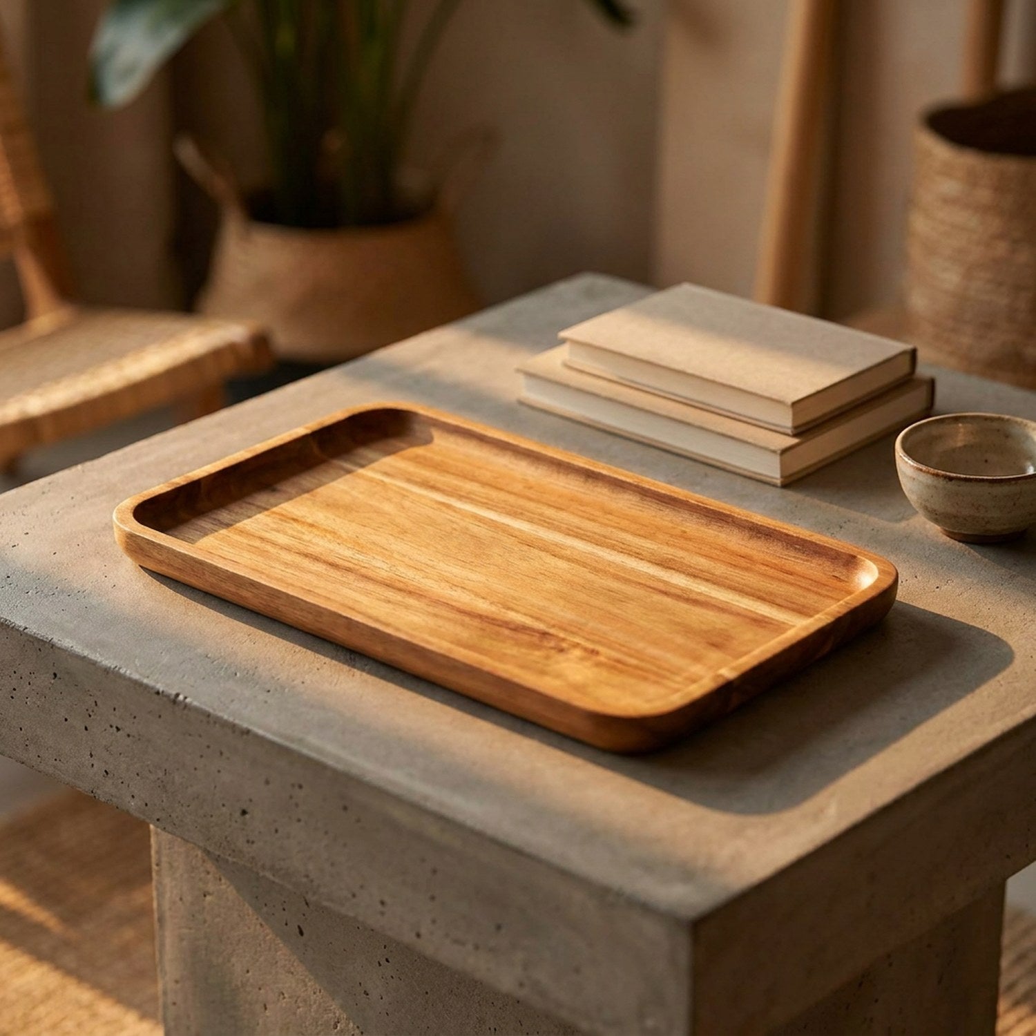 Plateau bois acacia sur table en béton avec lumière dorée