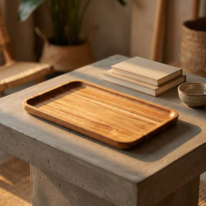 Plateau bois acacia sur table en béton avec lumière dorée
