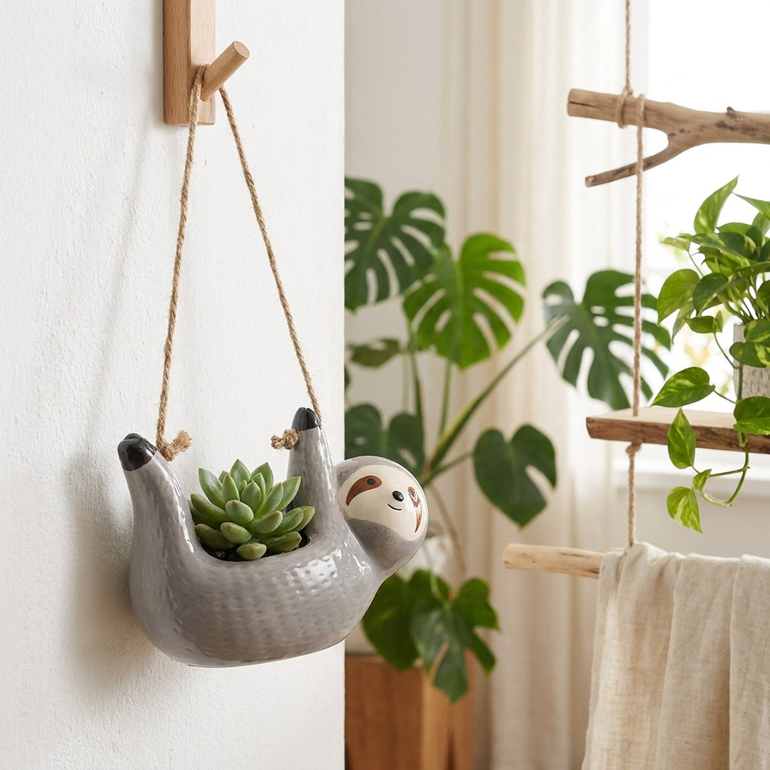 Cache-pot céramique paresseux gris sur crochet mural bois dans salon scandinave