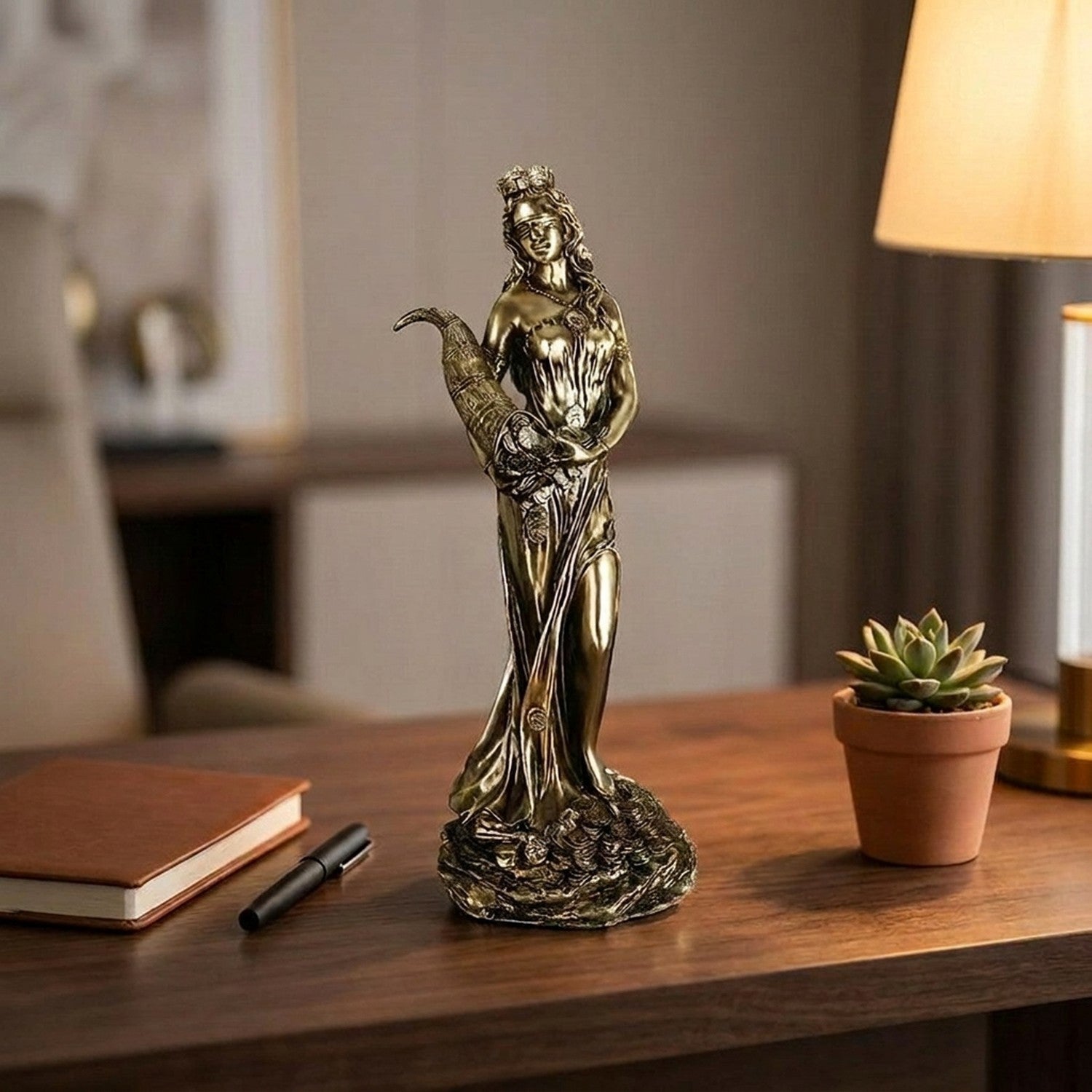 Statue déesse Tyche sur bureau bois avec plante et lampe