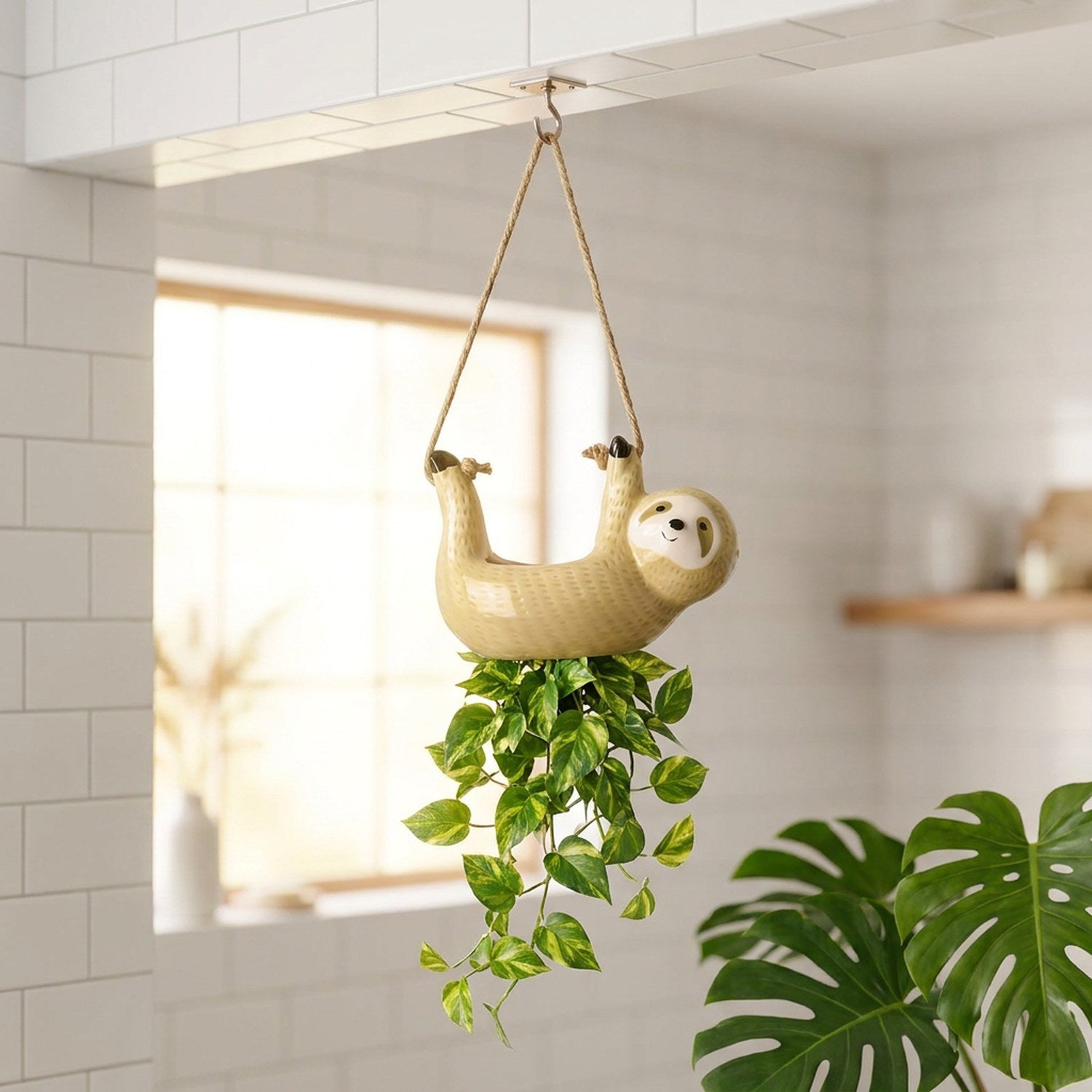 Pot suspendu céramique paresseux jaune dans salle de bain minimaliste avec pothos