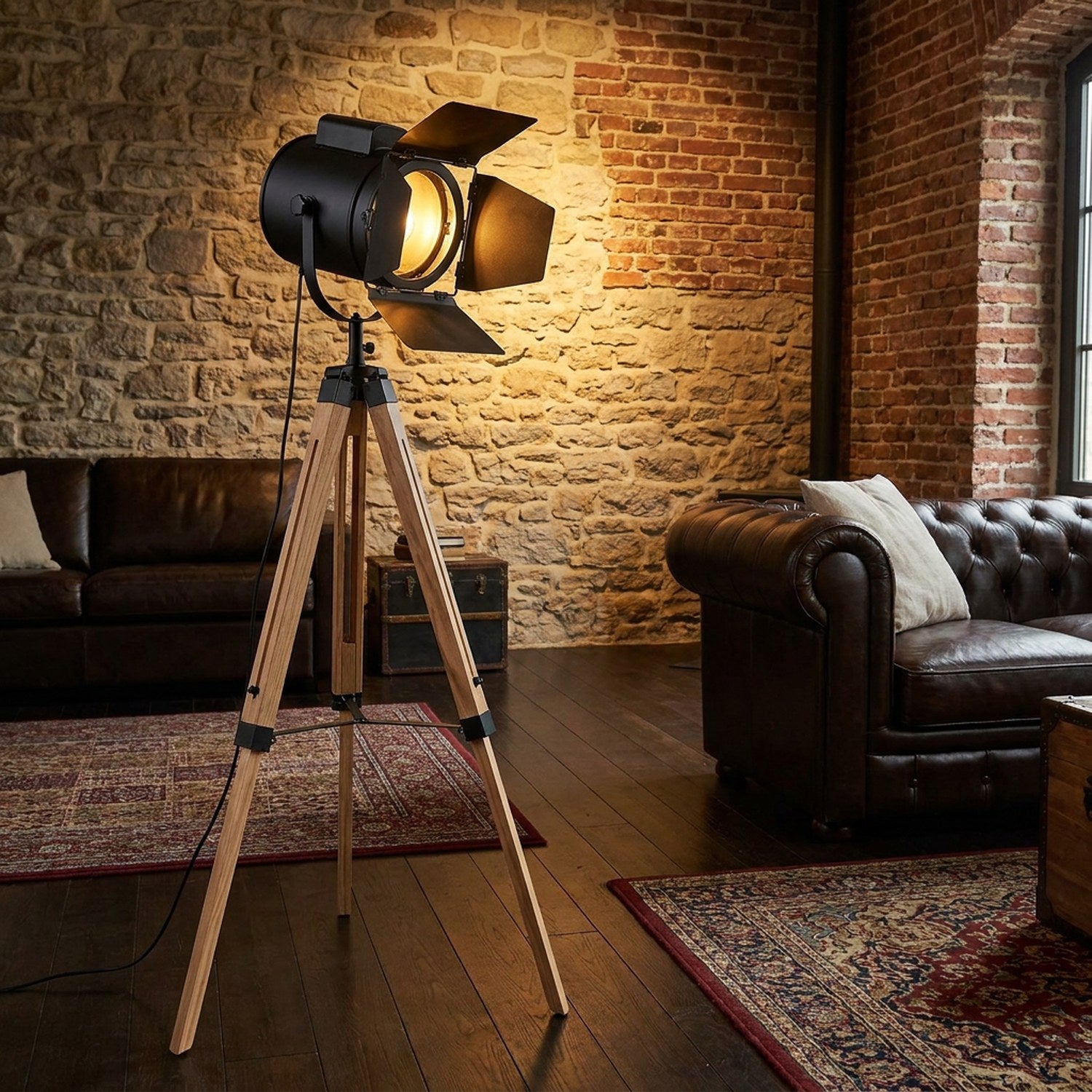 Lampadaire cinéma vintage sur trépied en bois style loft