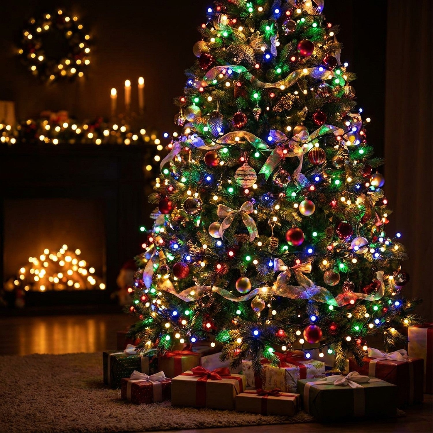 Guirlande lumineuse LED de Noël multicolore sur sapin décoré dans salon chaleureux