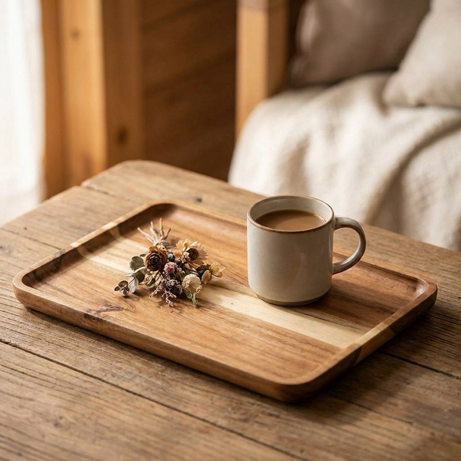 Plateau de service en bois d'acacia naturel avec tasse de café et fleurs séchées