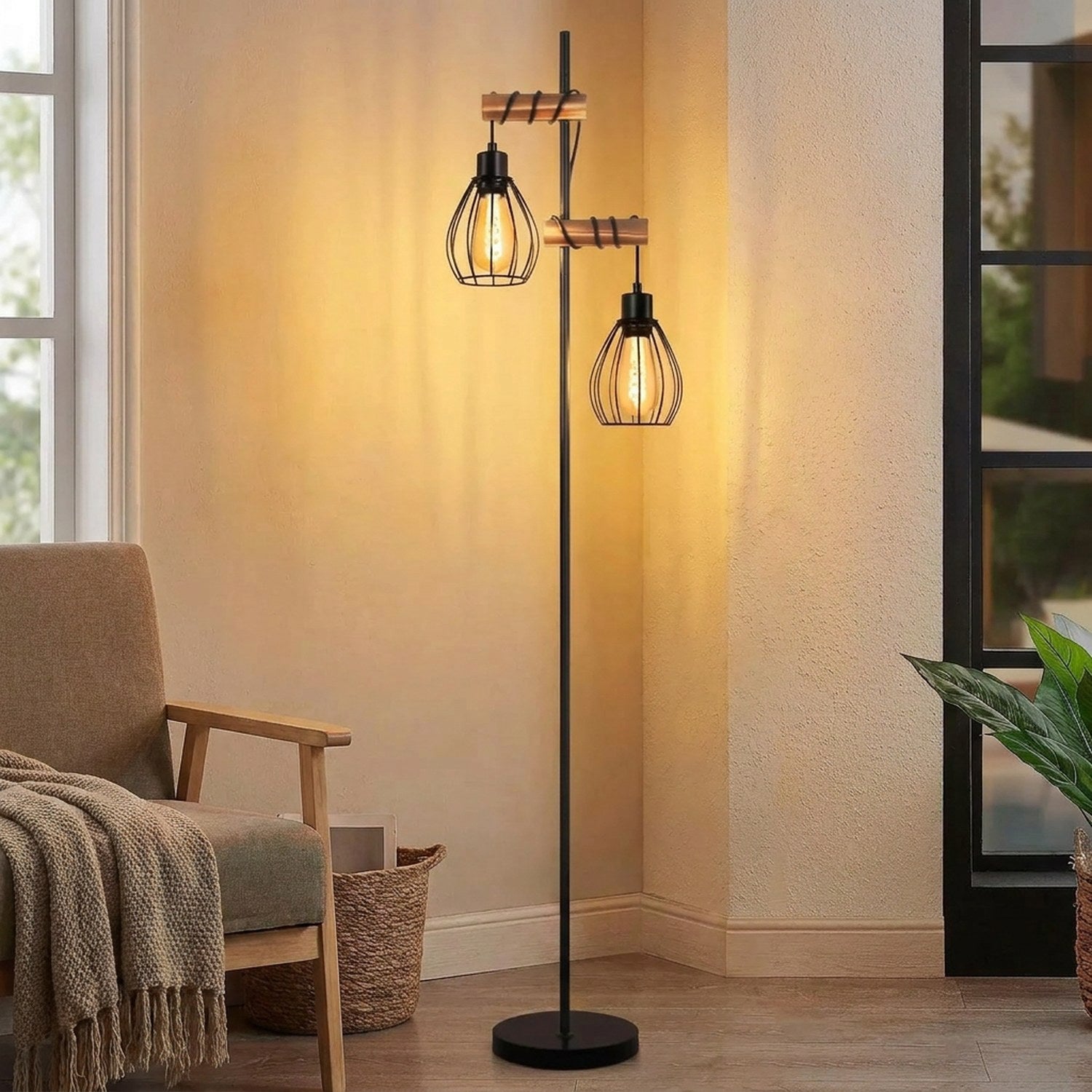 Lampadaire vintage industriel noir deux têtes cage métal bois