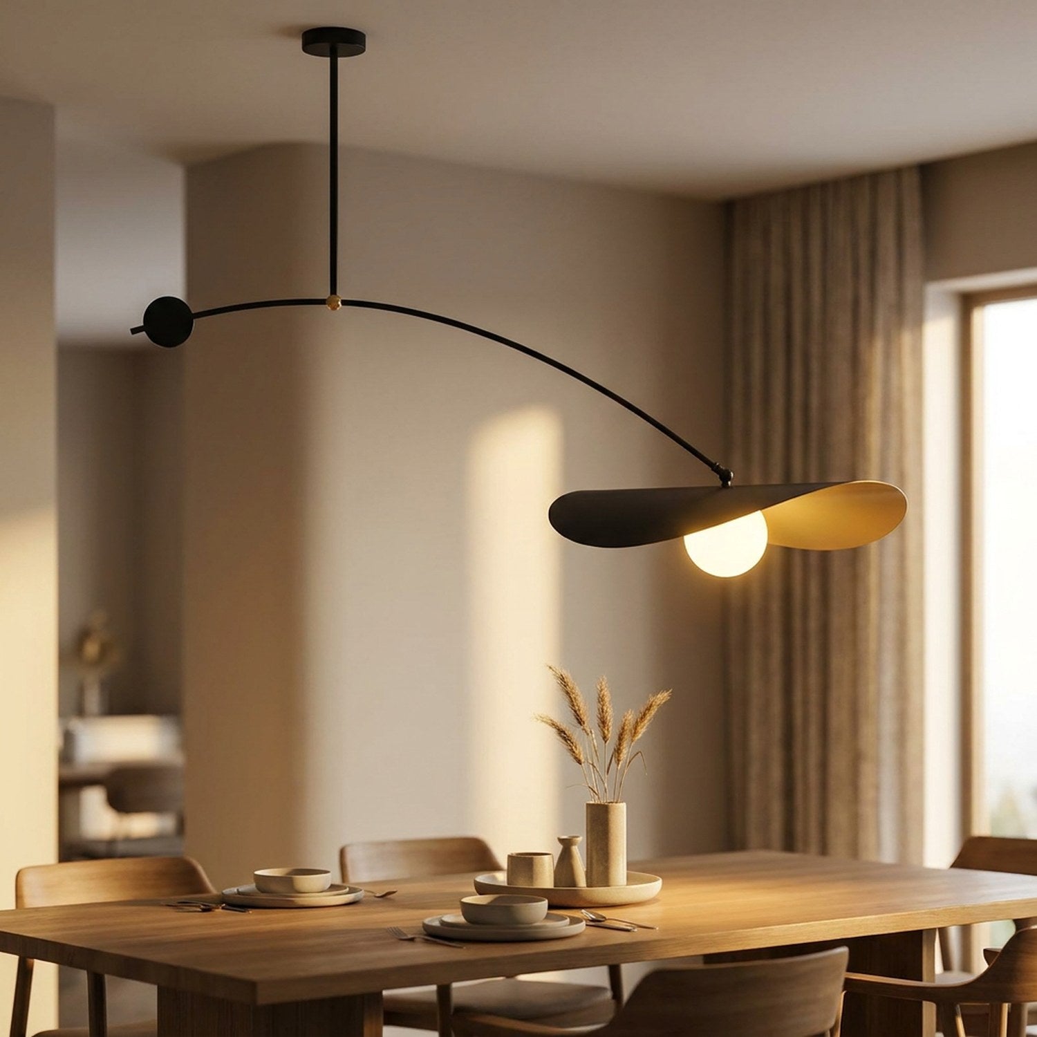 Suspension nordique noire et dorée au bras arqué éclairant une table à manger au coucher du soleil