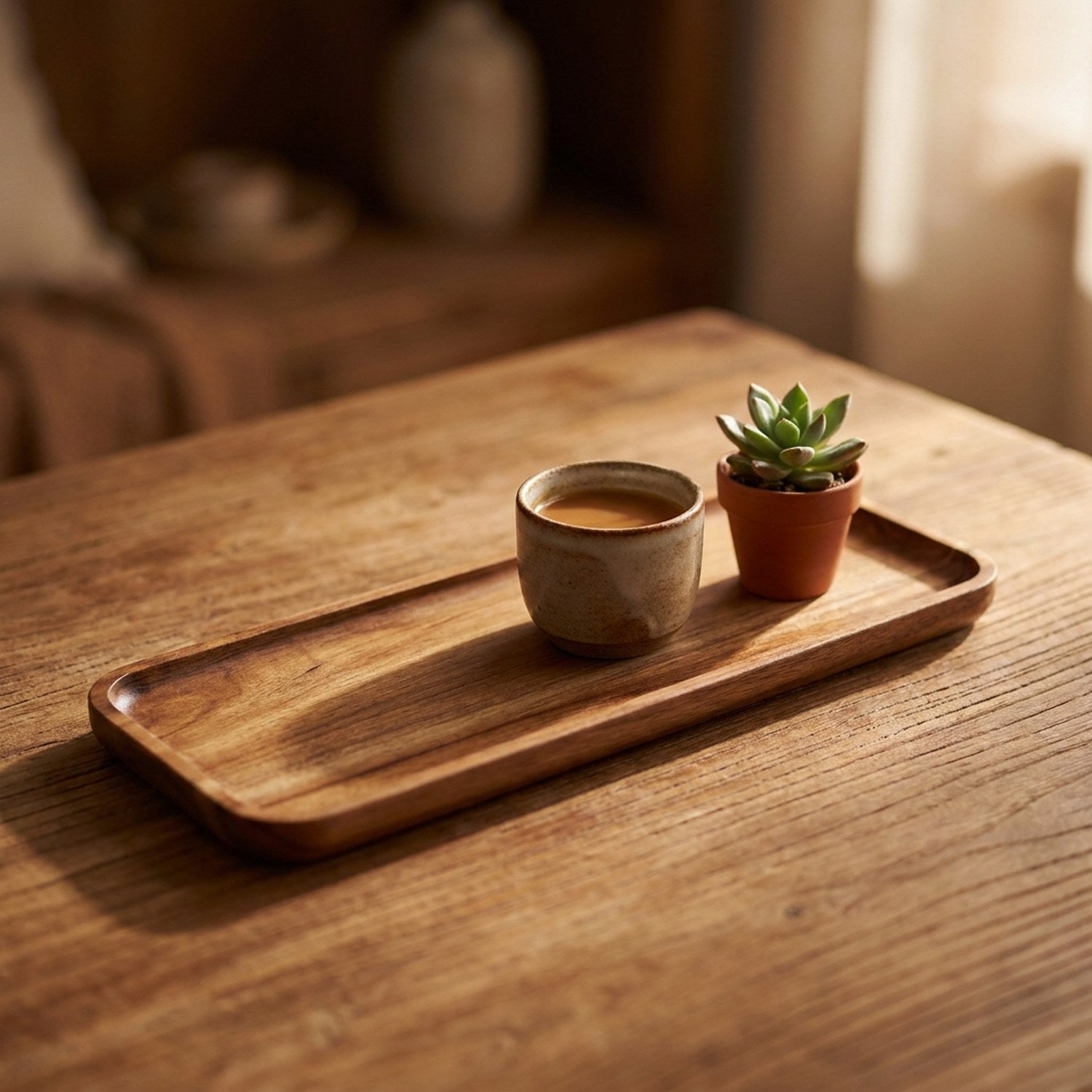 Plateau en bois acacia allongé 28cm avec tasse et plante