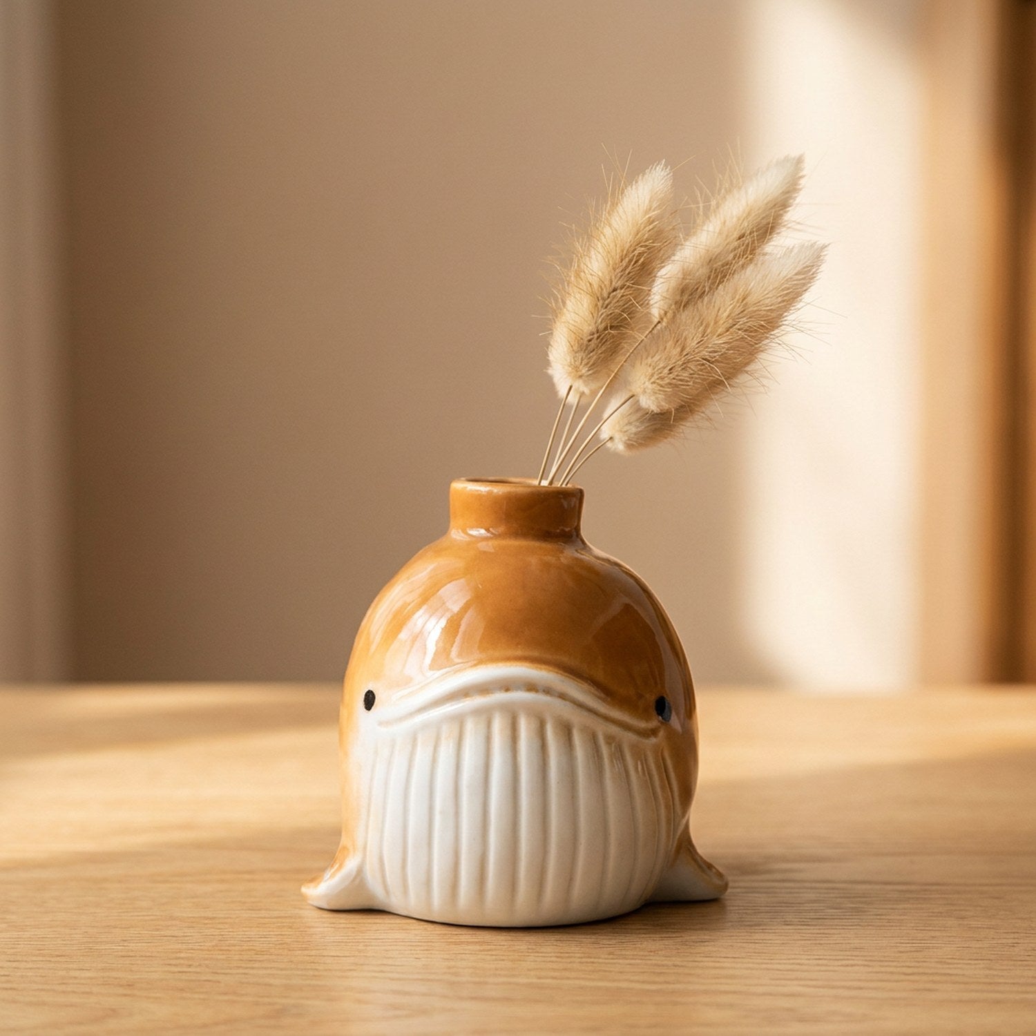 Vase baleine céramique marron caramel avec pampa