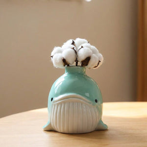Vase baleine céramique turquoise avec tige de coton