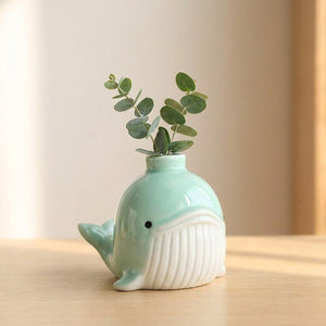 Vase baleine céramique vert menthe avec eucalyptus